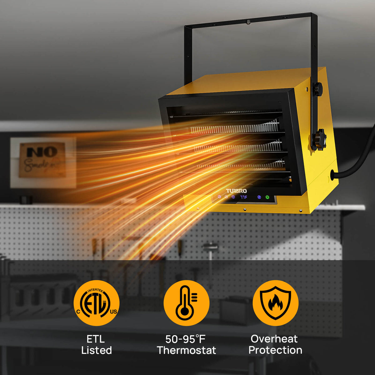 Yellow electric garage heater with glowing heating elements under a ceiling