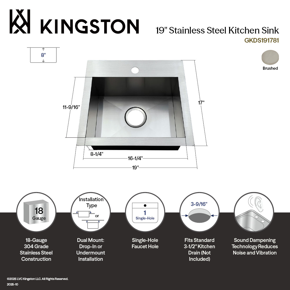 Gourmetier Uptowne 19" Single Bowl Dual Mount Kitchen Sink in Brushed Stainless Steel