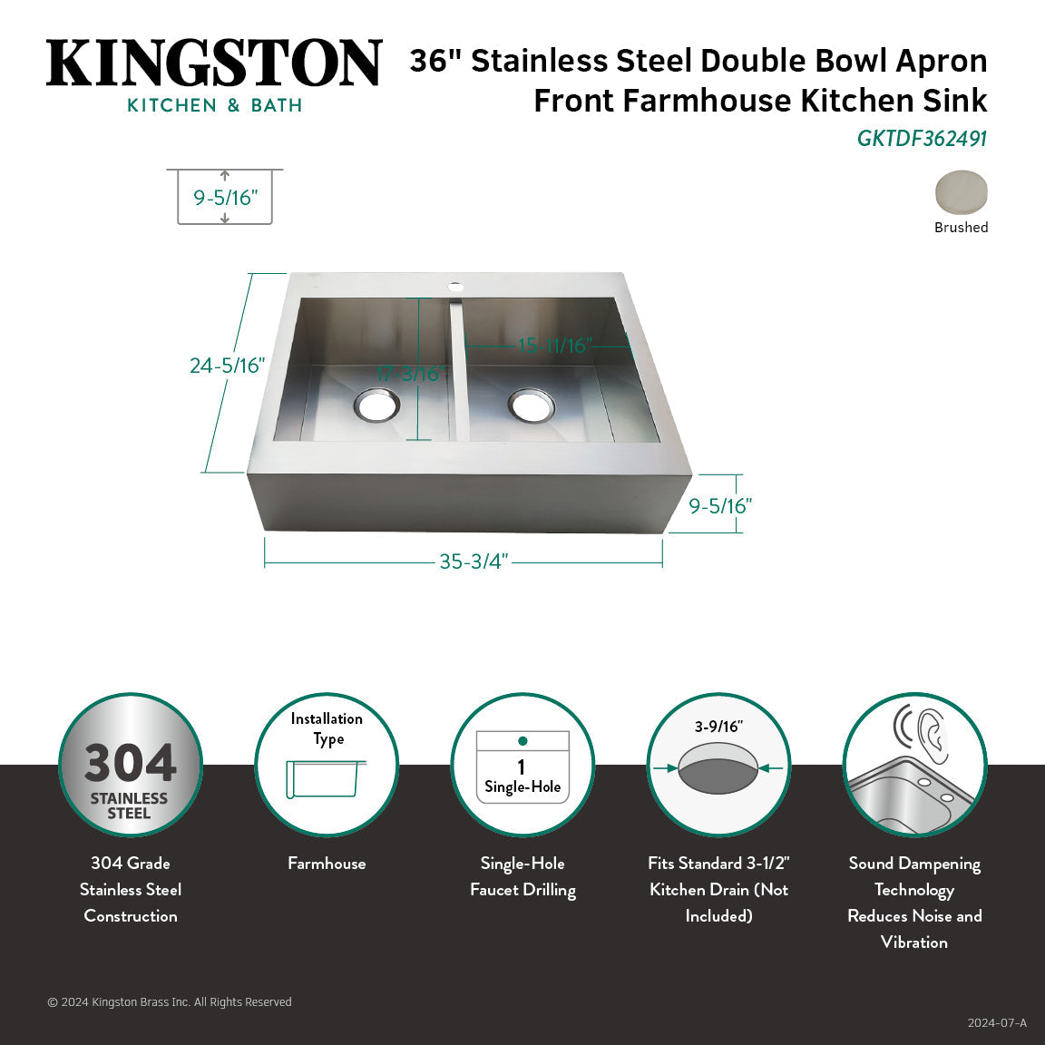 Gourmetier Edinburg Drop-In 36 Inch Double Bowl Kitchen Sink in Brushed Stainless Steel