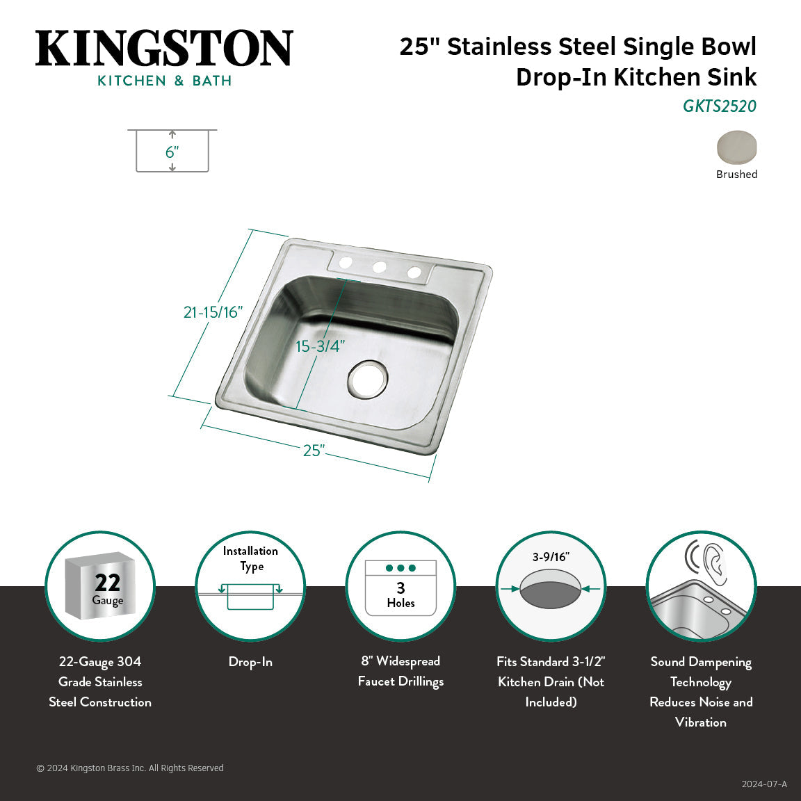 Gourmetier 25" Stainless Steel Drop-in Single Bowl Kitchen Sink in Brushed Stainless Steel