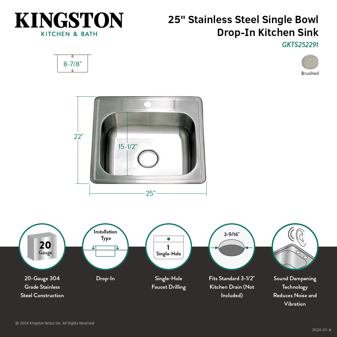 Gourmetier 25"x22"x9" Self-Rimming Single Bowl Kitchen Sink (1 Hole) in Brushed Stainless Steel