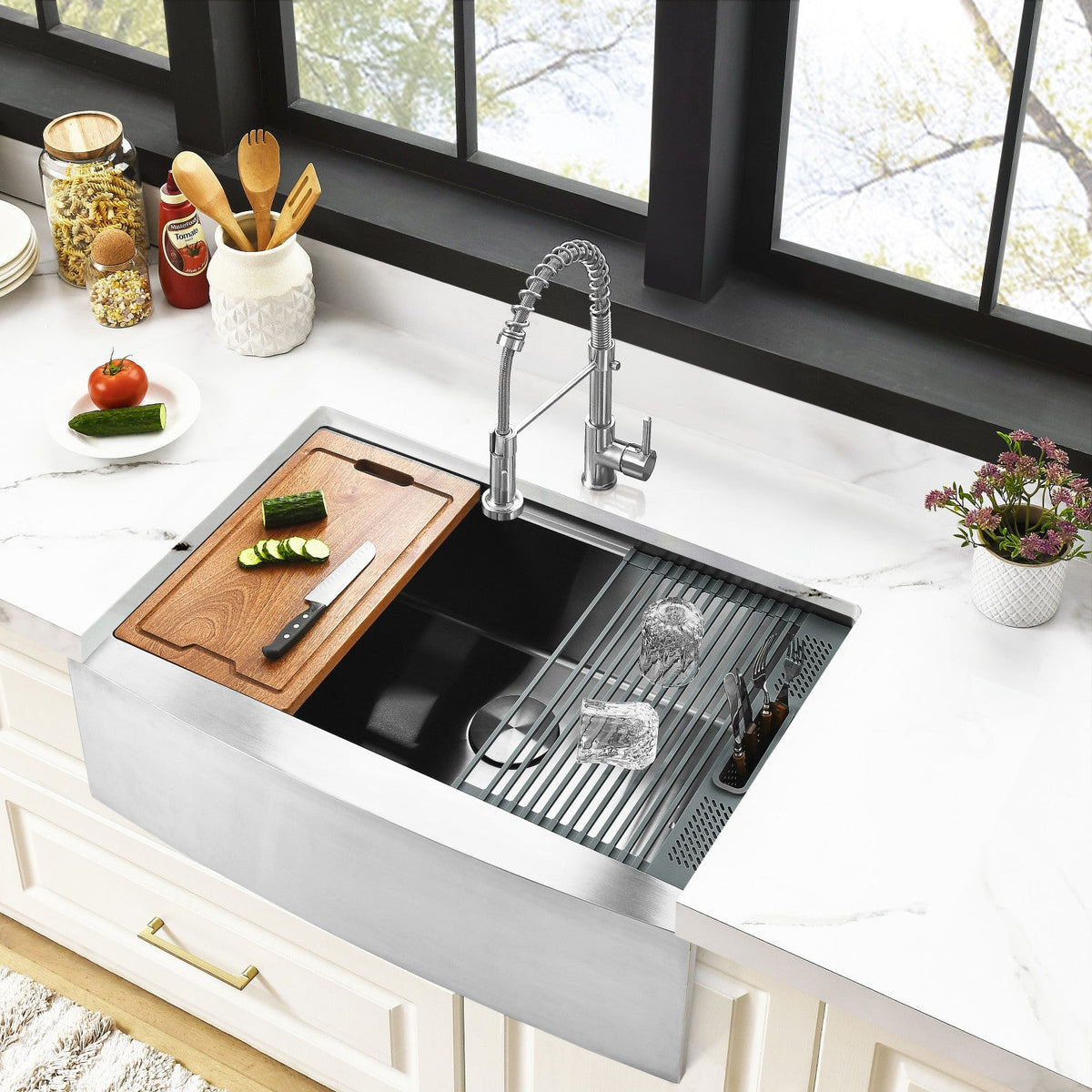 Uptowne 33" Stainless Steel Single Bowl Farmhouse Kitchen Sink with 6-Piece Kitchen Accessory Set in Brushed Stainless Steel