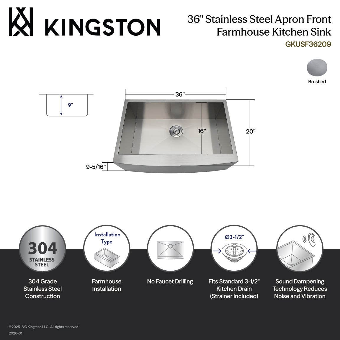 Gourmetier Undermount Stainless Steel Single Farmhouse Kitchen Sink in Brushed Stainless Steel