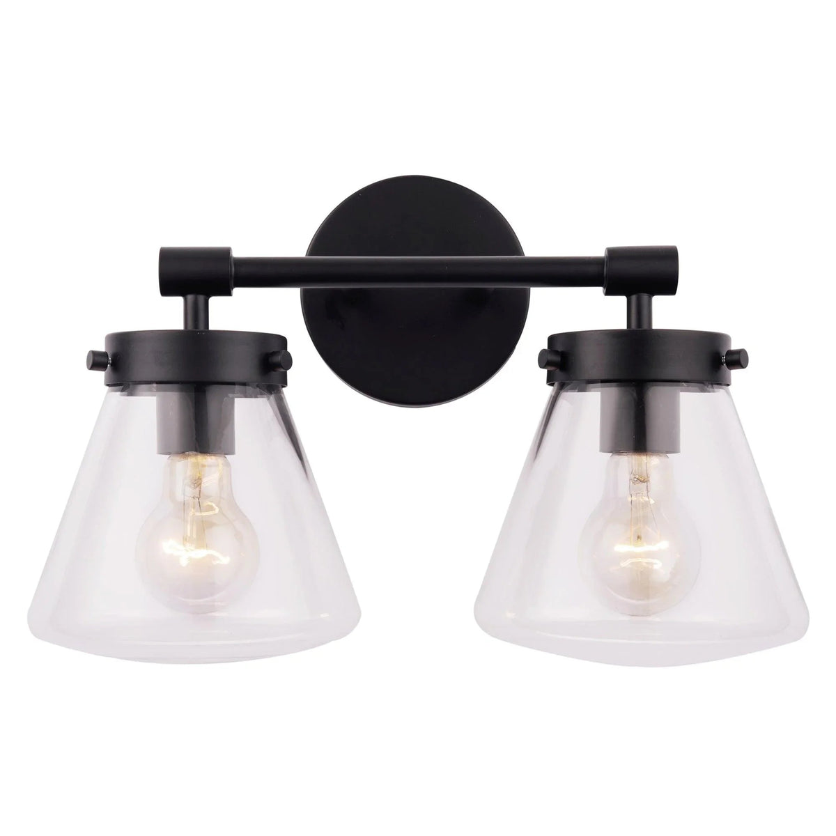 Black 2-light vanity light close-up with clear glass shades