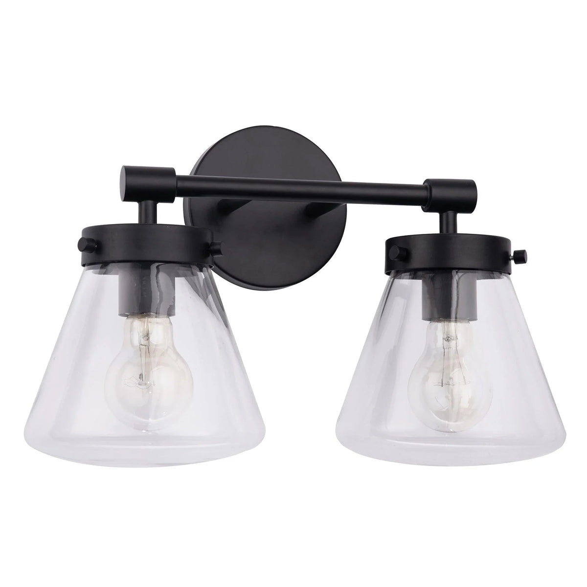 Black 2-light vanity light with dual clear glass shades and exposed bulb sockets