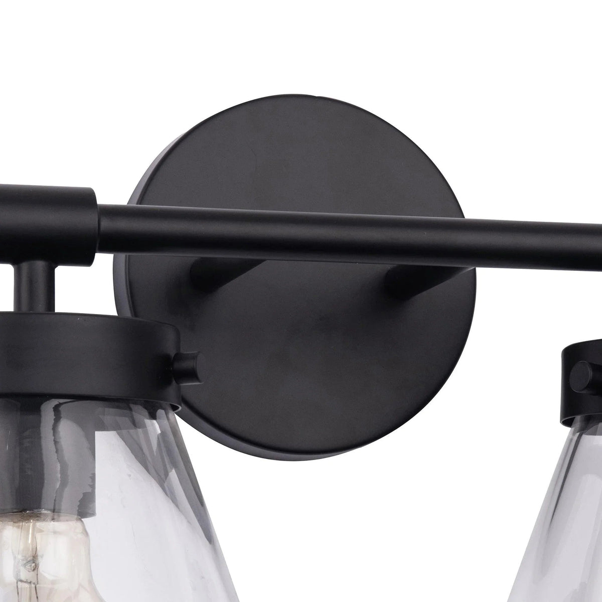 Black 2-light vanity light close-up: round backplate and glass shade mounts