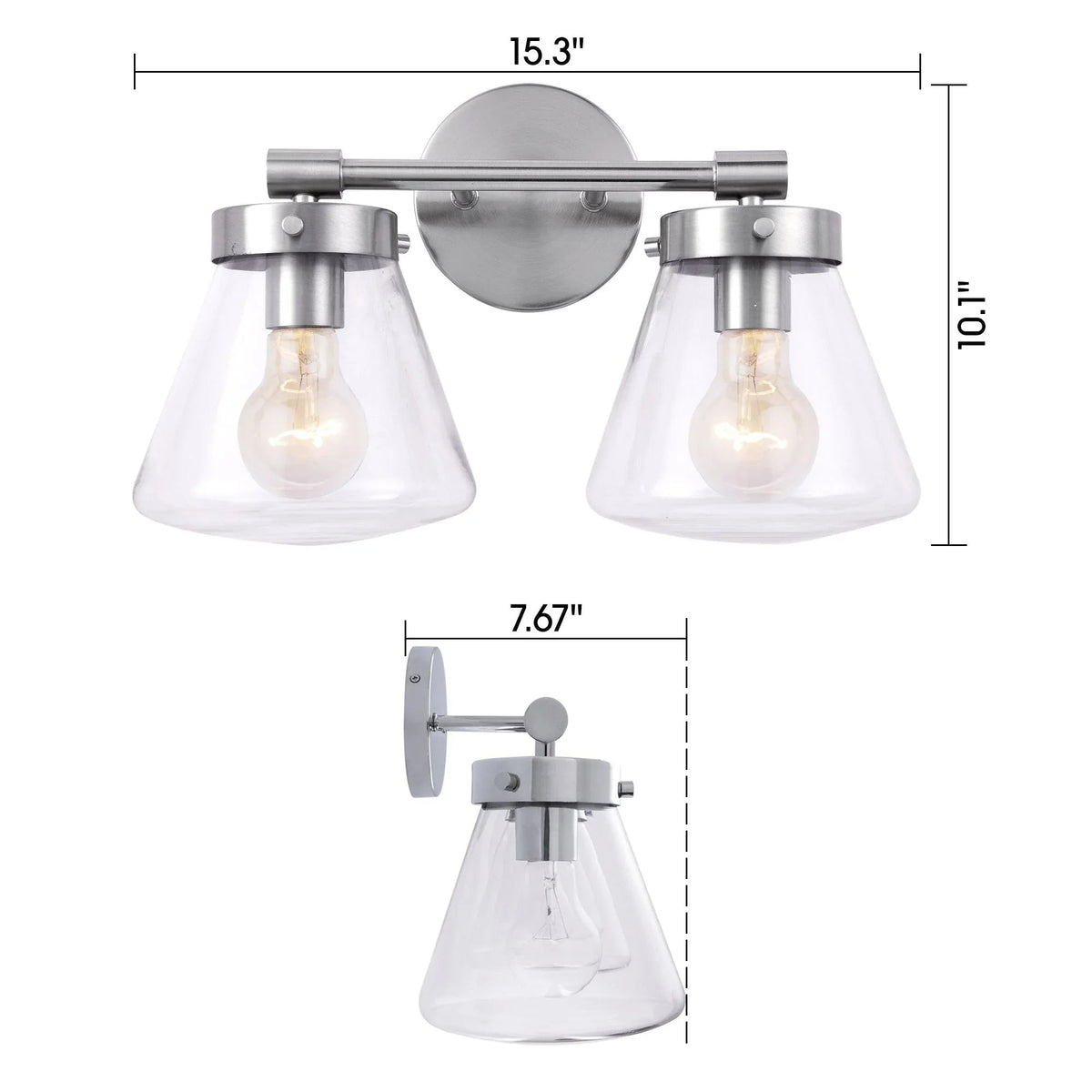 Brush nickel 2-light vanity light with clear glass shades, size diagram