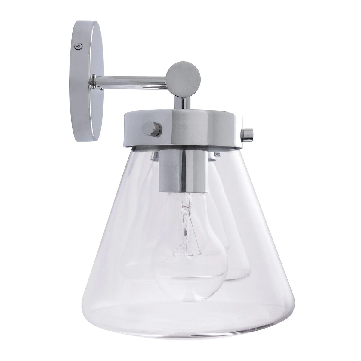 Brush nickel 2-light vanity light with clear bell glass shade and wall-mounted metal arm