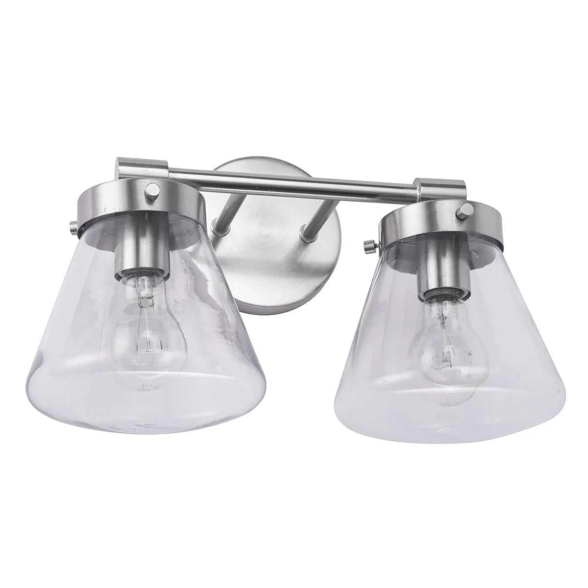 Brush nickel 2-light vanity light with two clear glass shades and round backplate