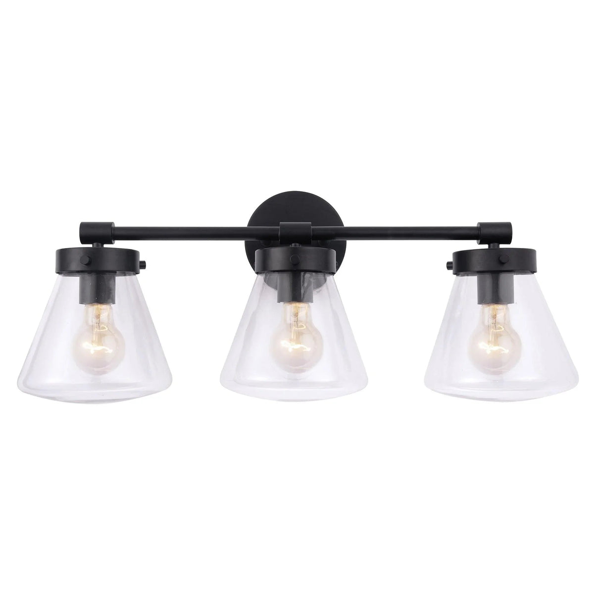 Black 3-light vanity light with clear glass shades and lit exposed bulbs