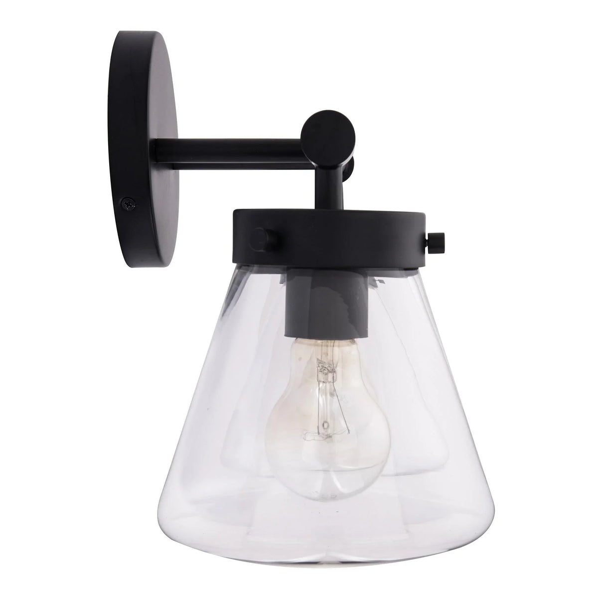Black vanity light with clear glass cone shade and round wall mount