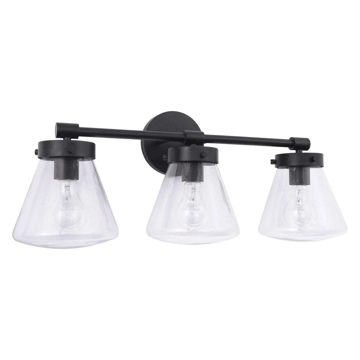 Black 3-light vanity light with clear glass shades and exposed bulb sockets