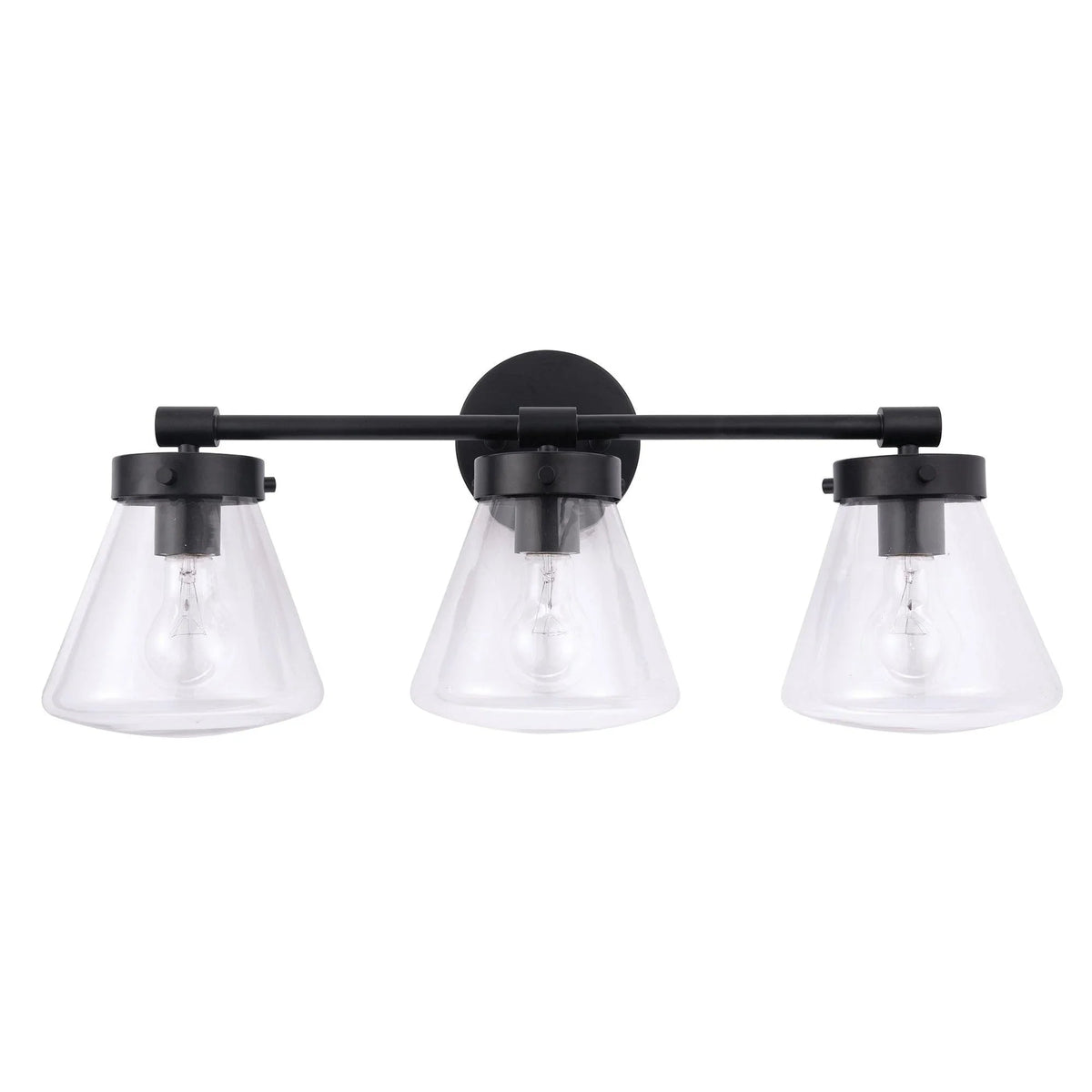 Black 3-light vanity light with clear glass shades and exposed bulbs