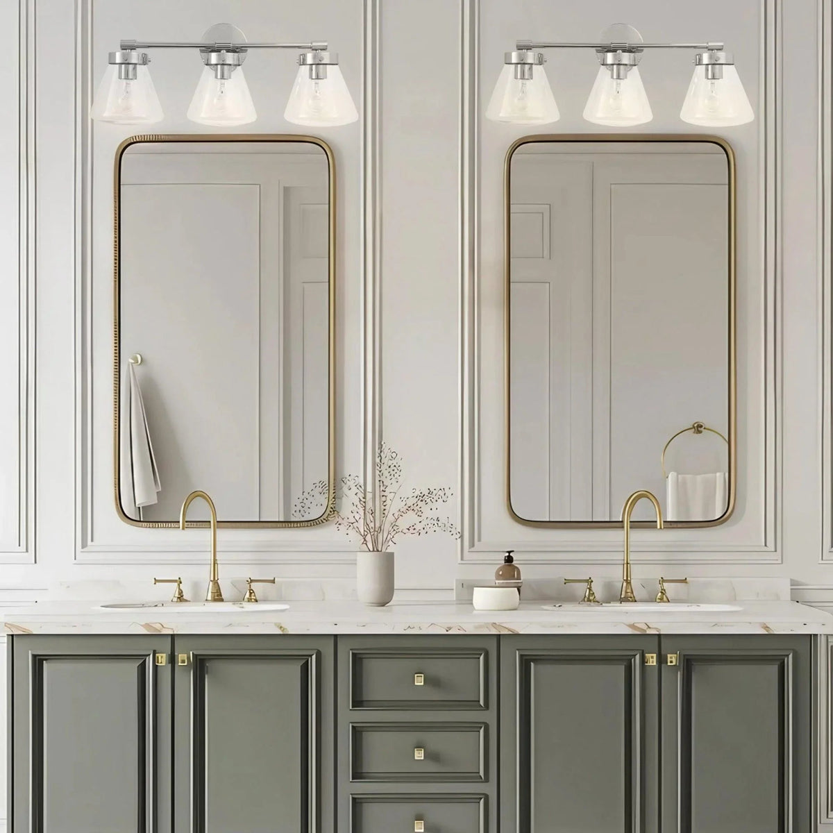 Black 3-light vanity light with clear glass shades and unlit exposed bulbs