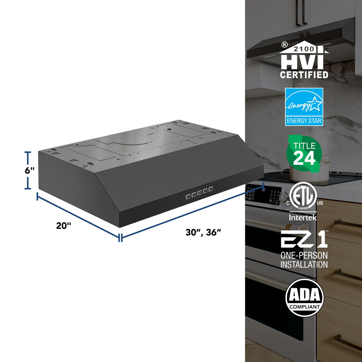 Broan-NuTone Glacier 36-Inch 350 CFM 3-Speed Convertible Under Cabinet Range Hood in Black Stainless Steel (GLA2363BLS)