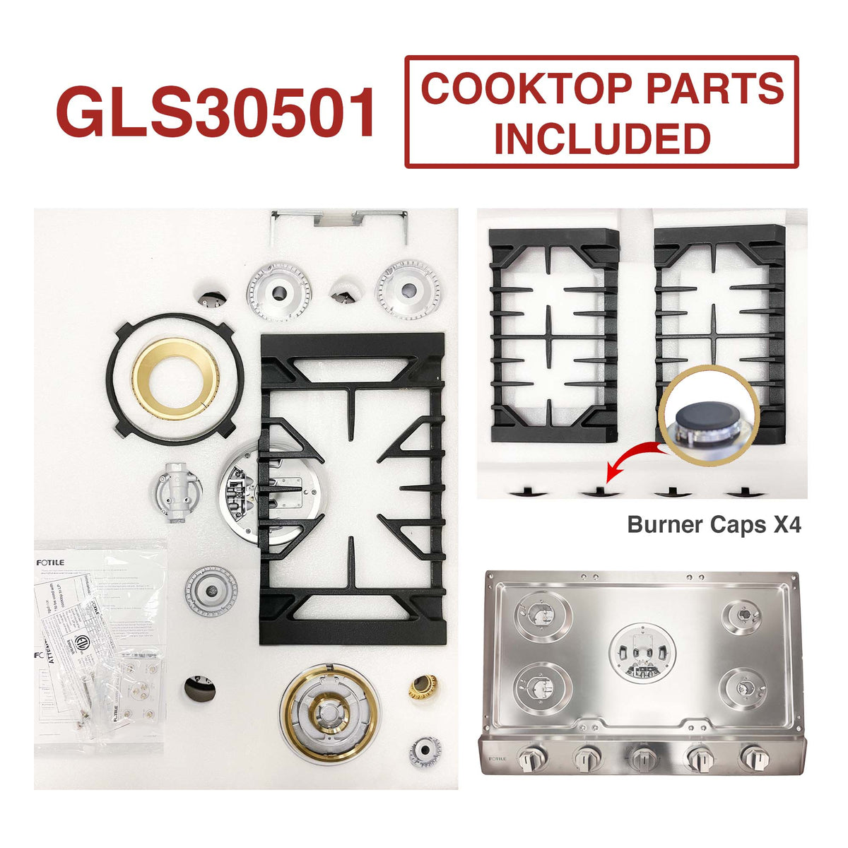 Gas cooktop parts kit laid out, including burner components and control base