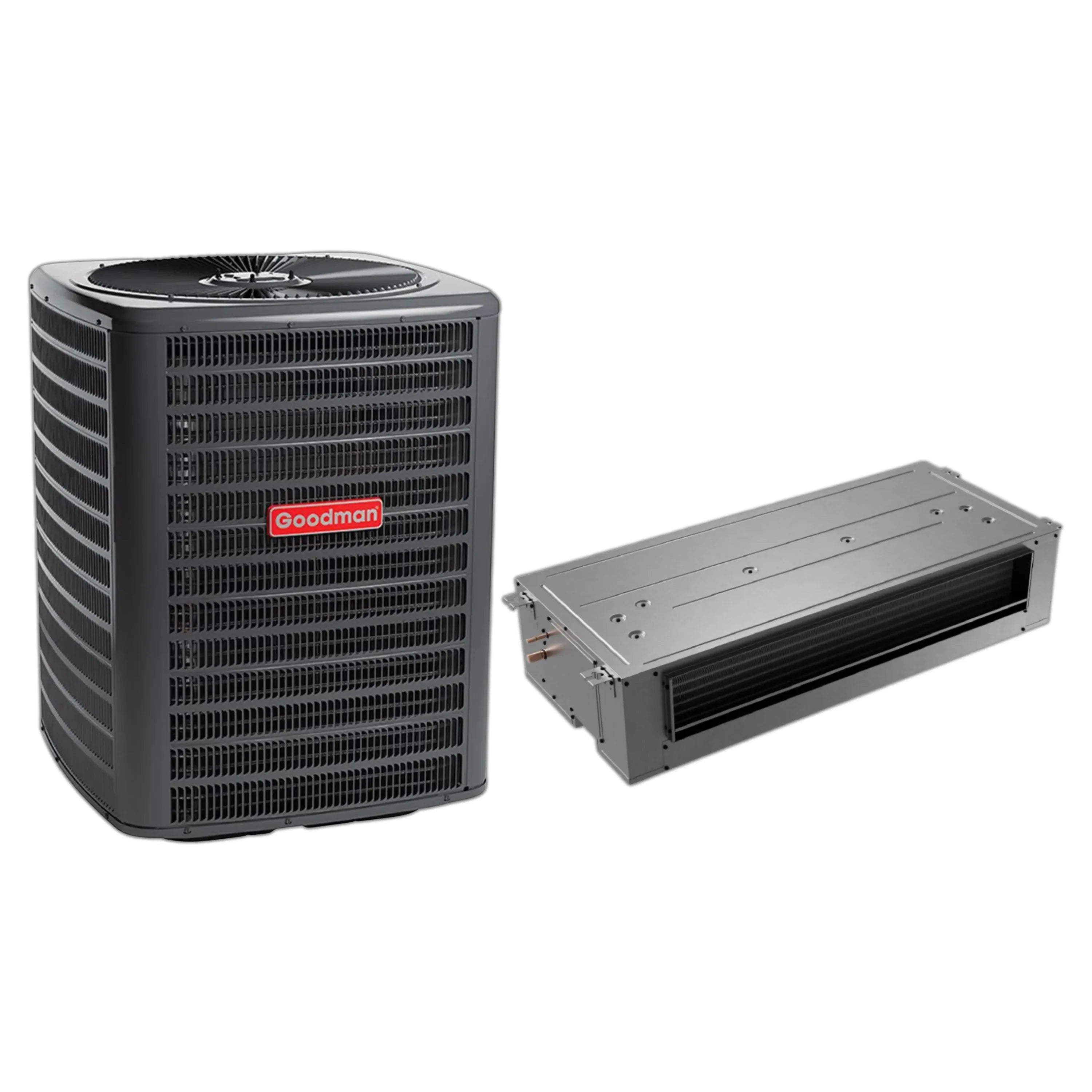 Goodman outdoor condenser and ceiling-mounted air handler set, two-piece units