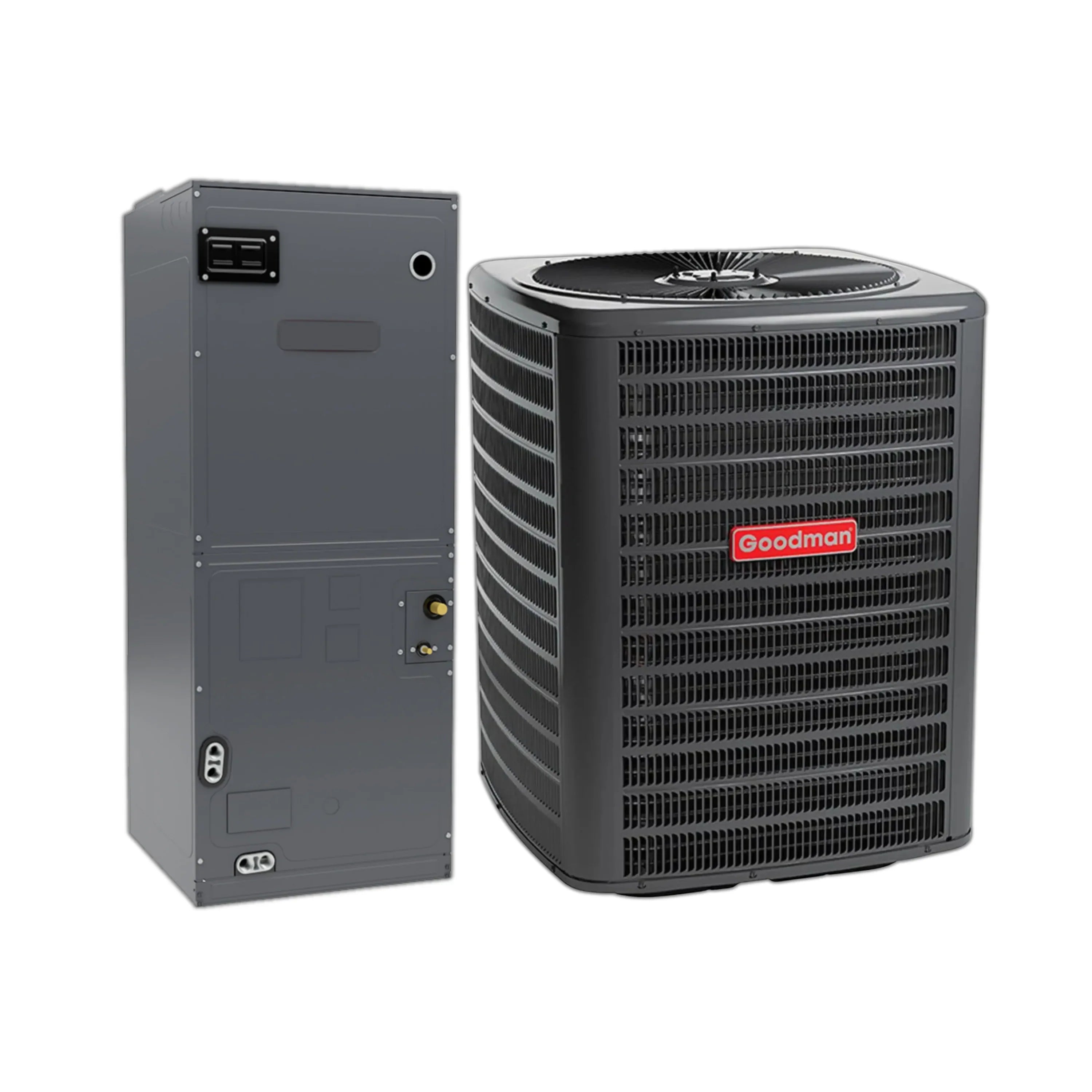 Goodman condenser and air handler units shown together, dark gray with vents