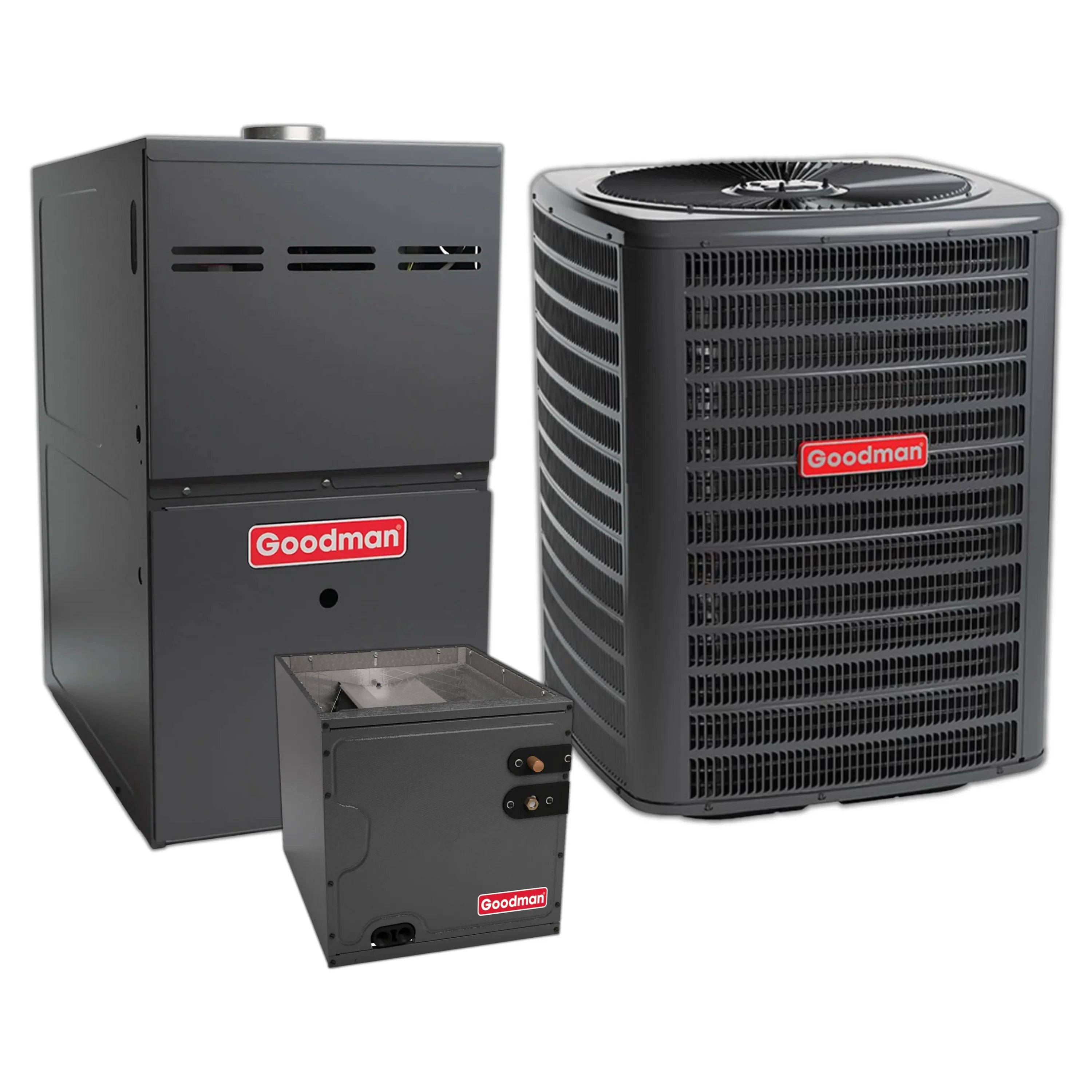 Goodman central split HVAC system with outdoor condenser and gas furnace/evaporator unit