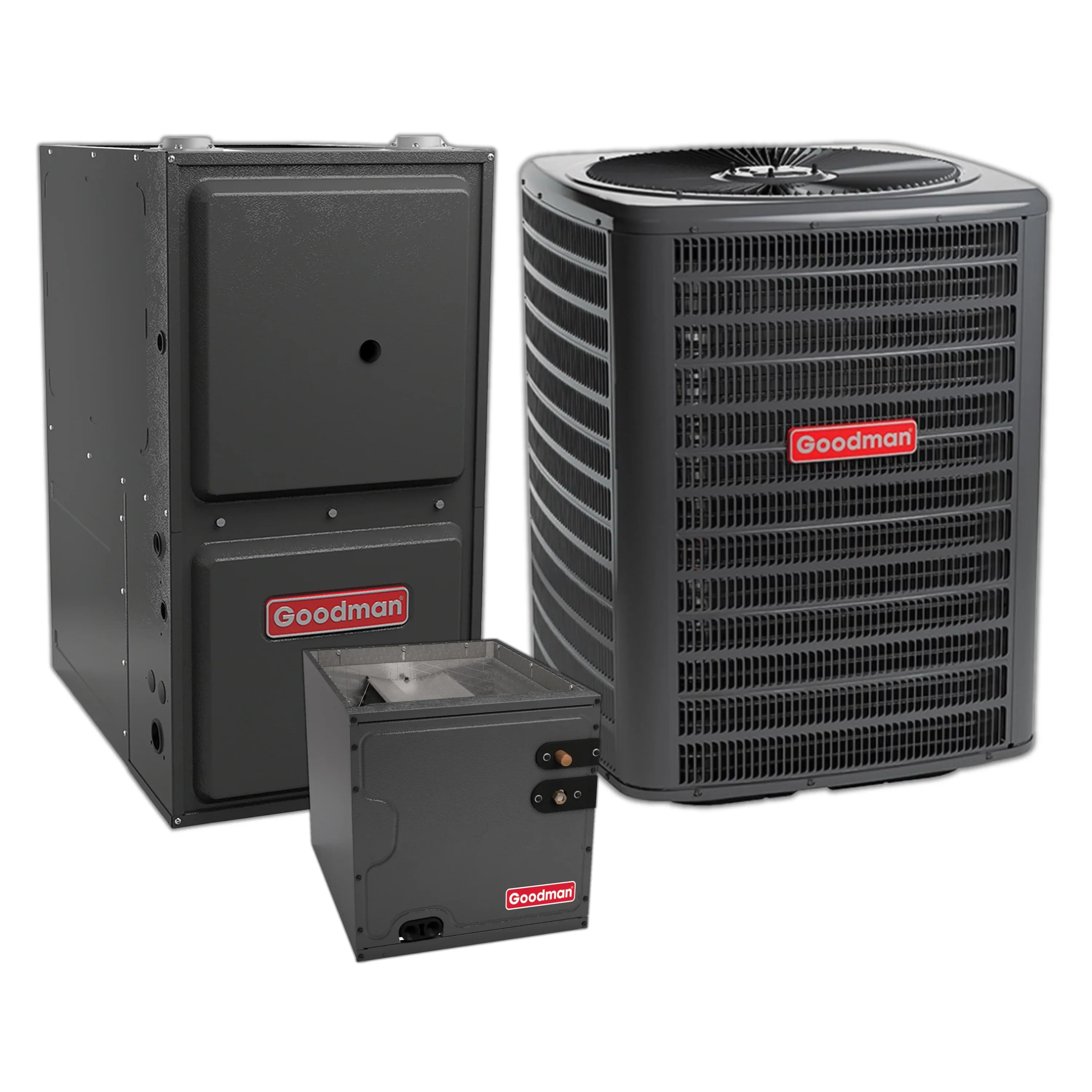 Goodman central split system outdoor condenser with dark metal cabinet and fan grille