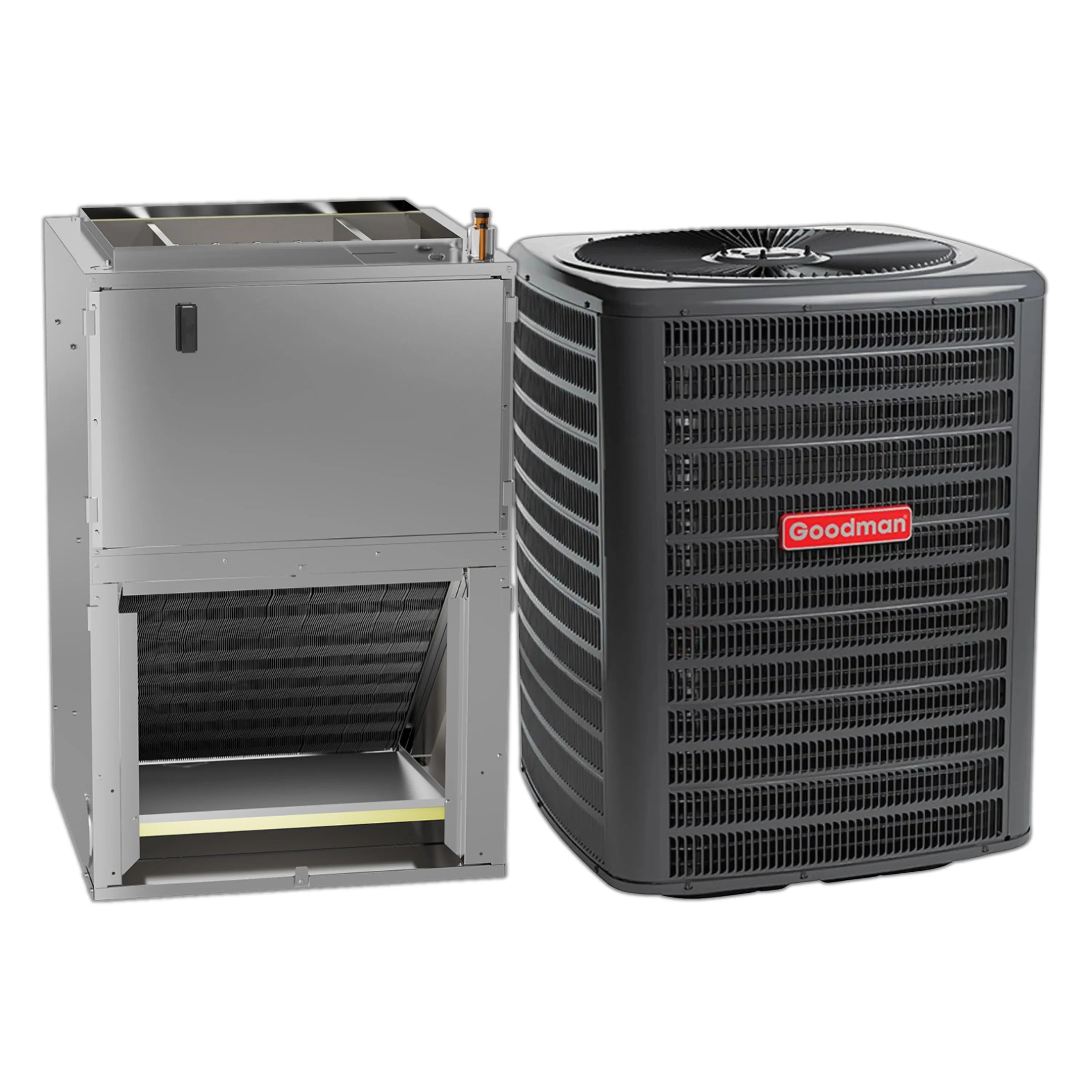 Outdoor condenser and wall-mounted air handler unit shown together, open front panel