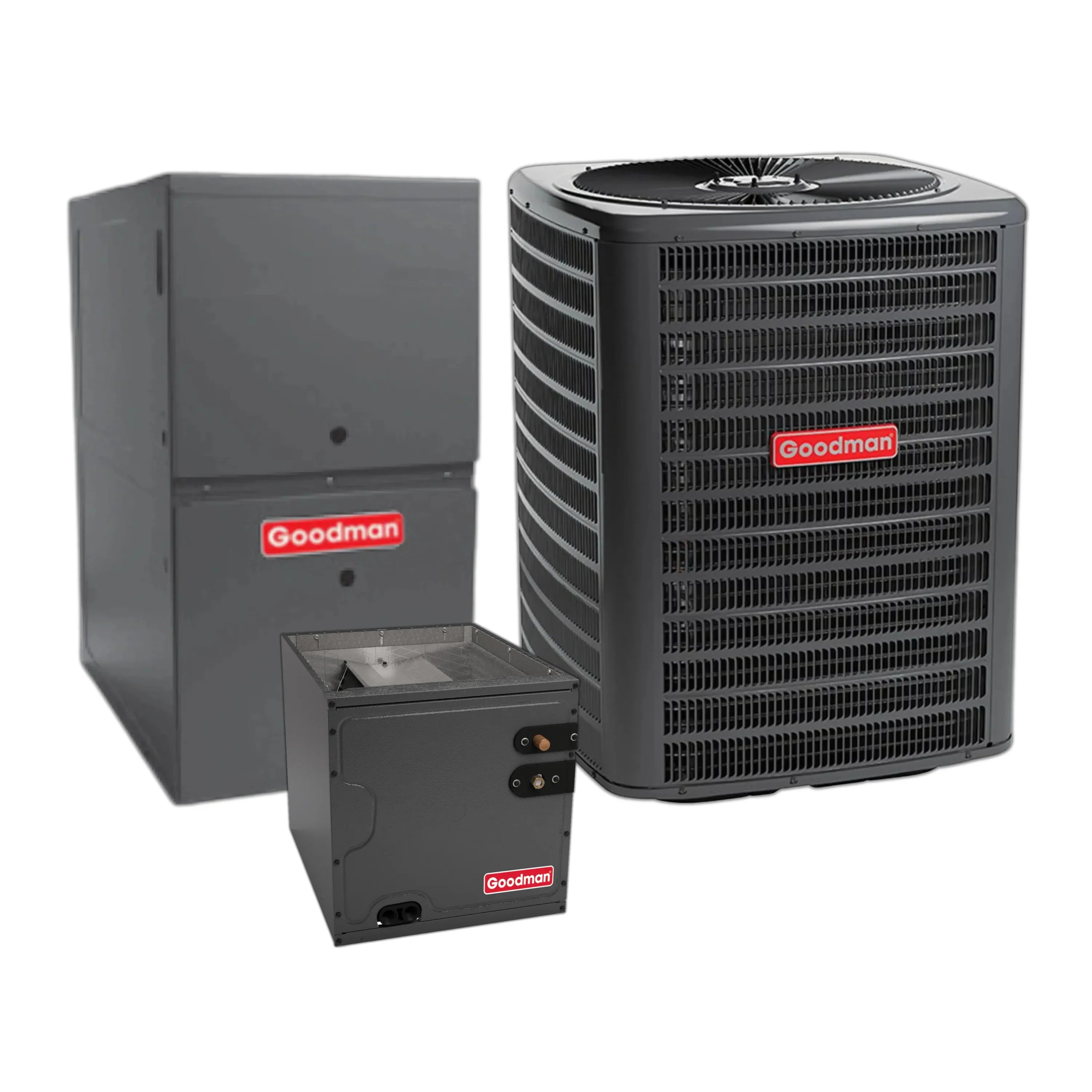 Goodman split air conditioner outdoor condenser with gas furnace and evaporator coil cabinet