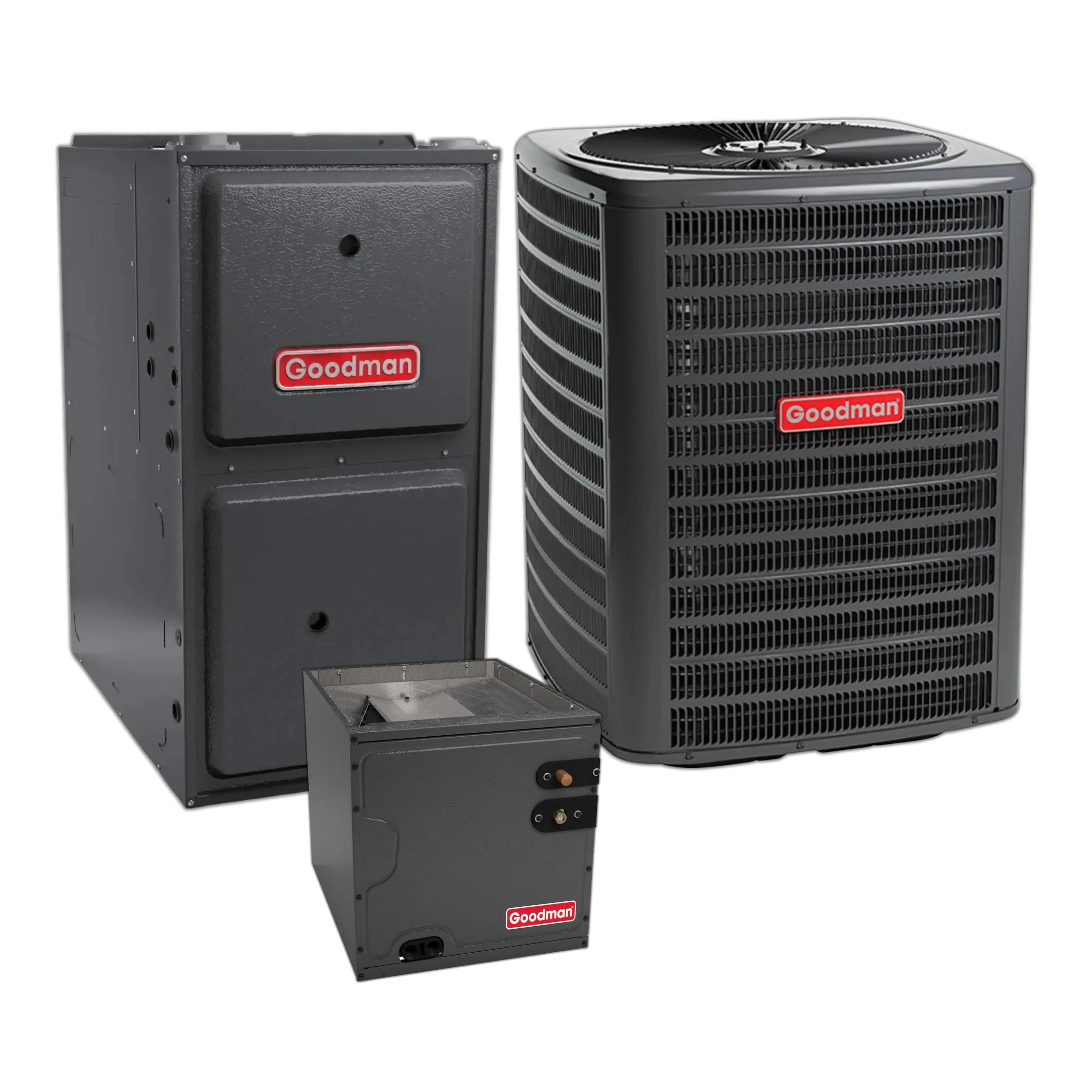 Goodman central split HVAC system with dark metal outdoor unit and matching furnace cabinet