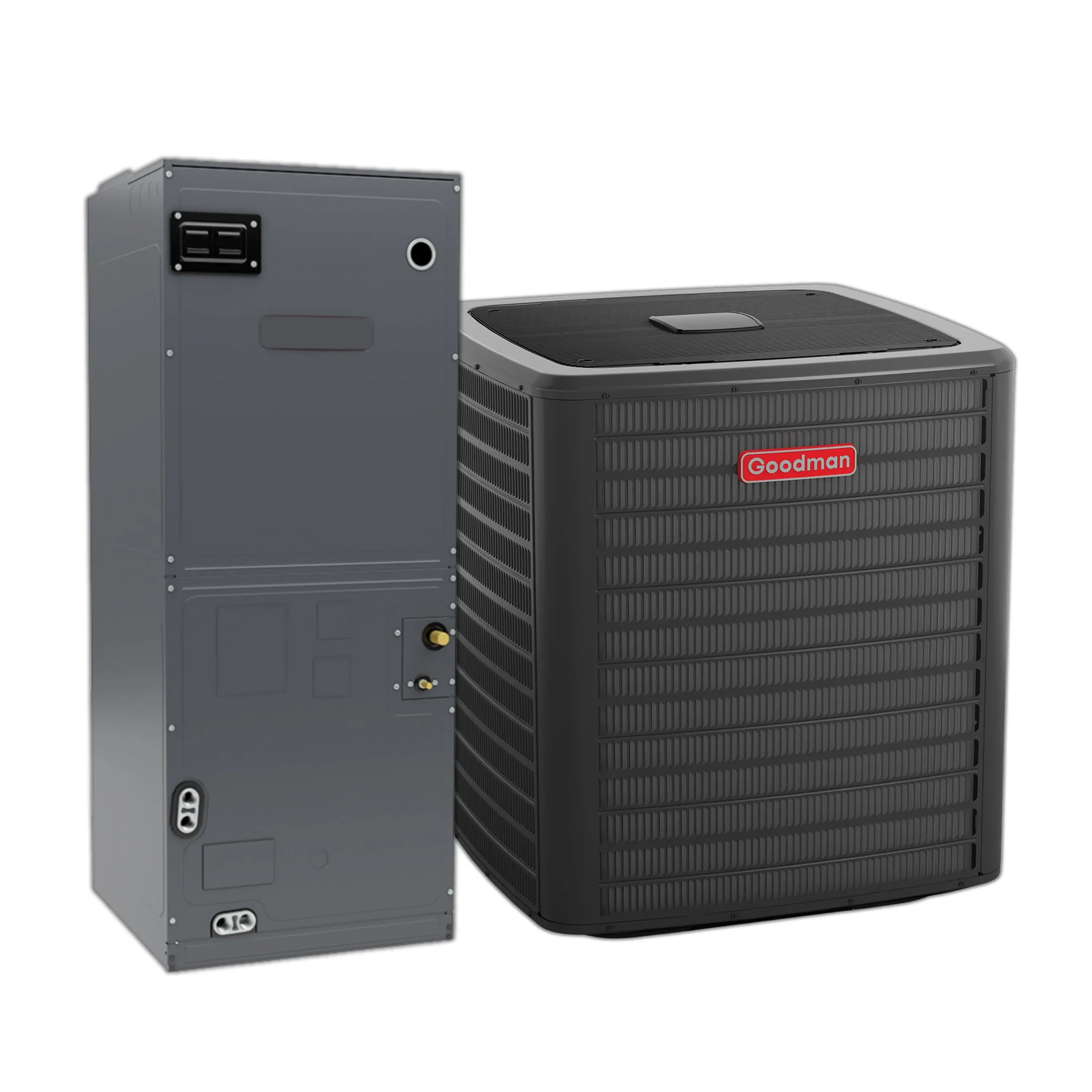 Central air conditioner system with Goodman condenser and air handler cabinet, side view