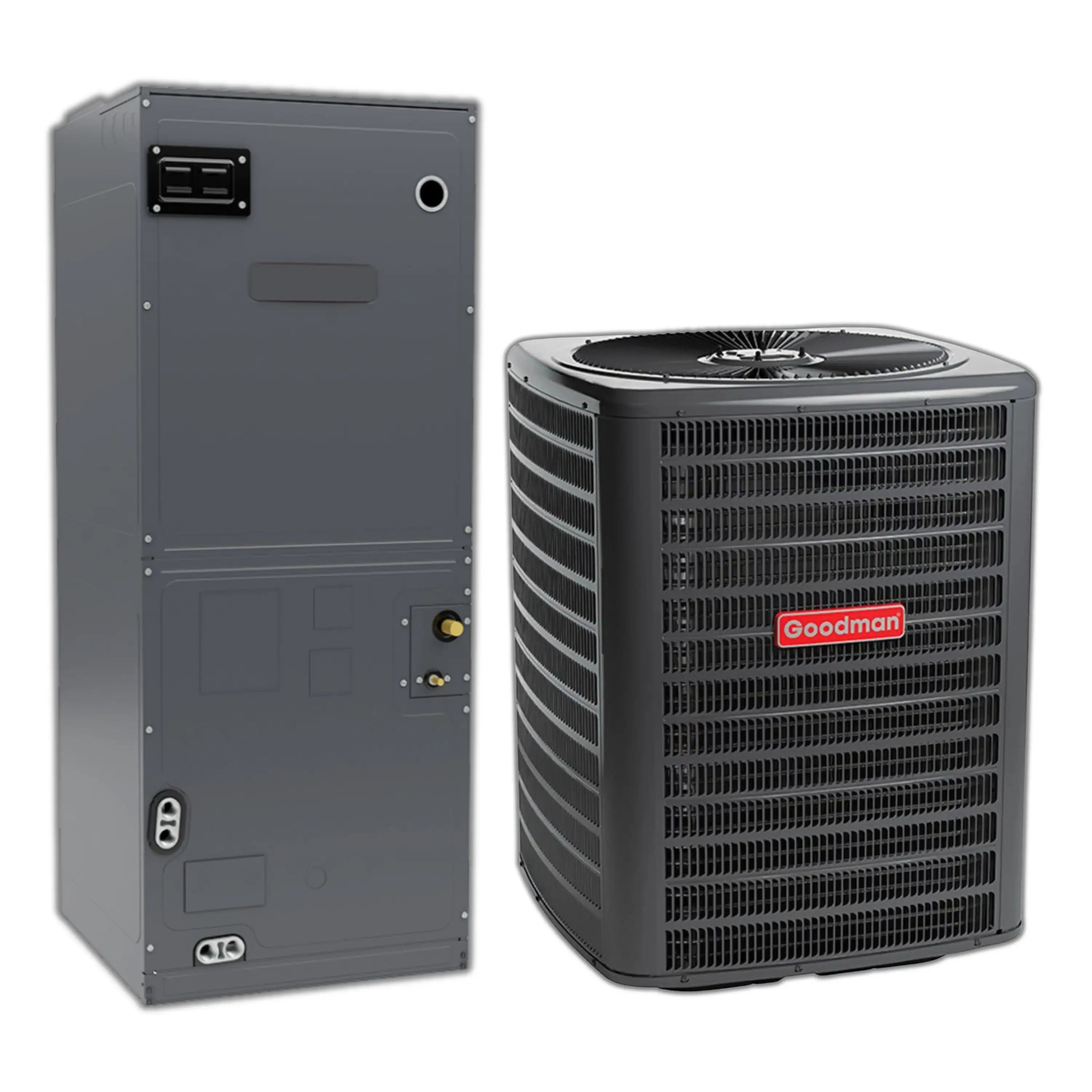 Goodman air handler cabinet and outdoor condenser together, dark gray housings.