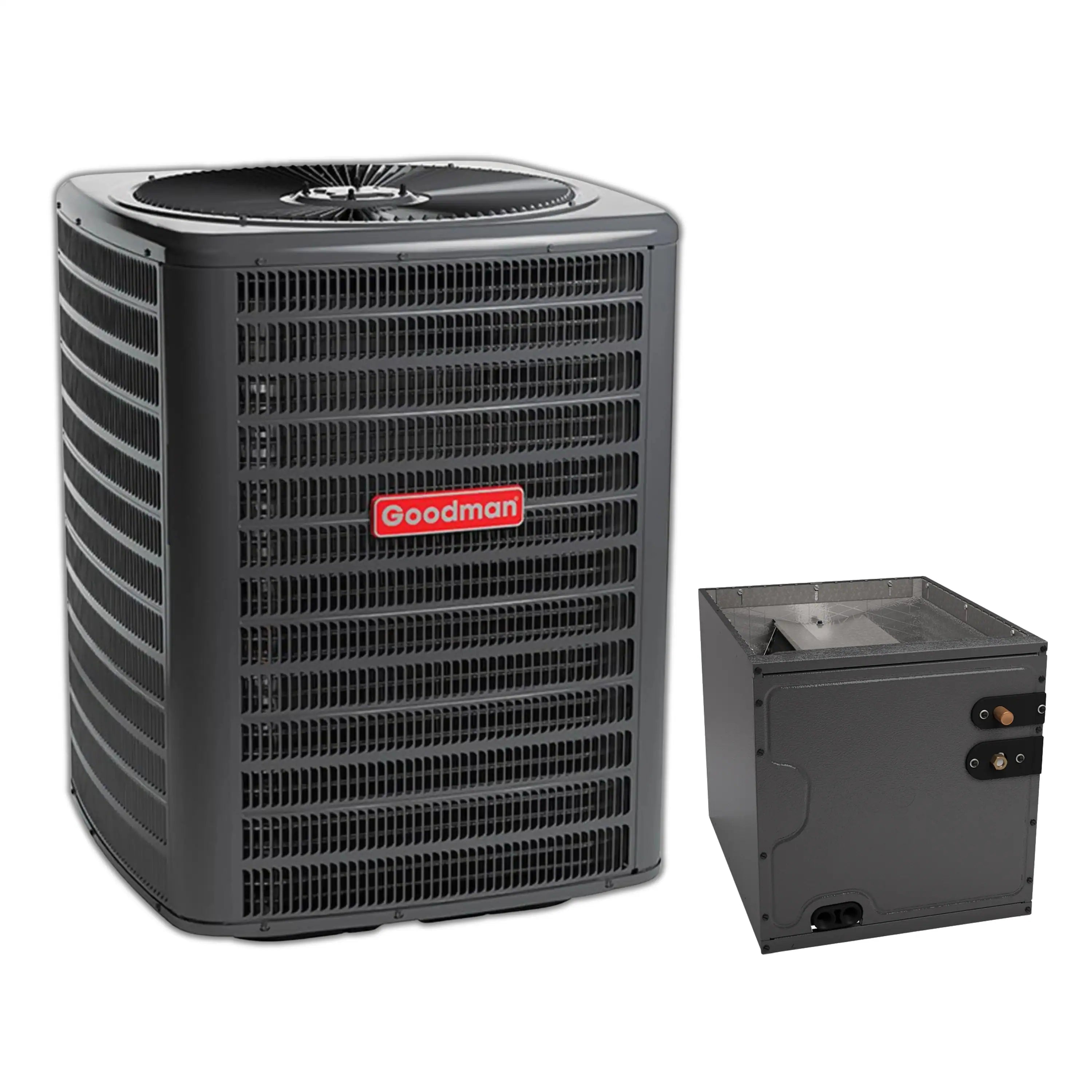 Goodman central air conditioner outdoor unit with evaporator coil cabinet, dark gray