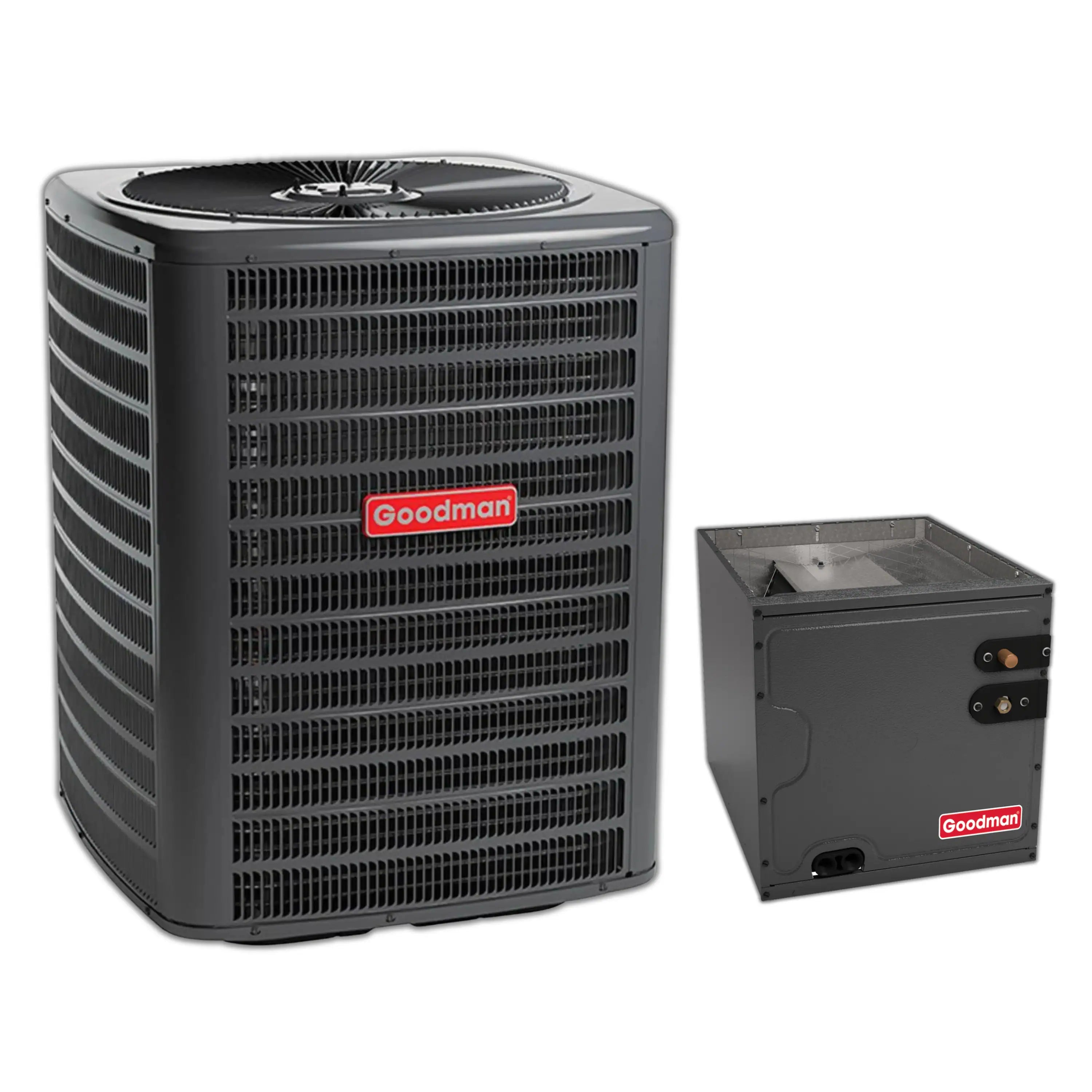 Goodman central AC condenser unit with louvered metal grille and top fan