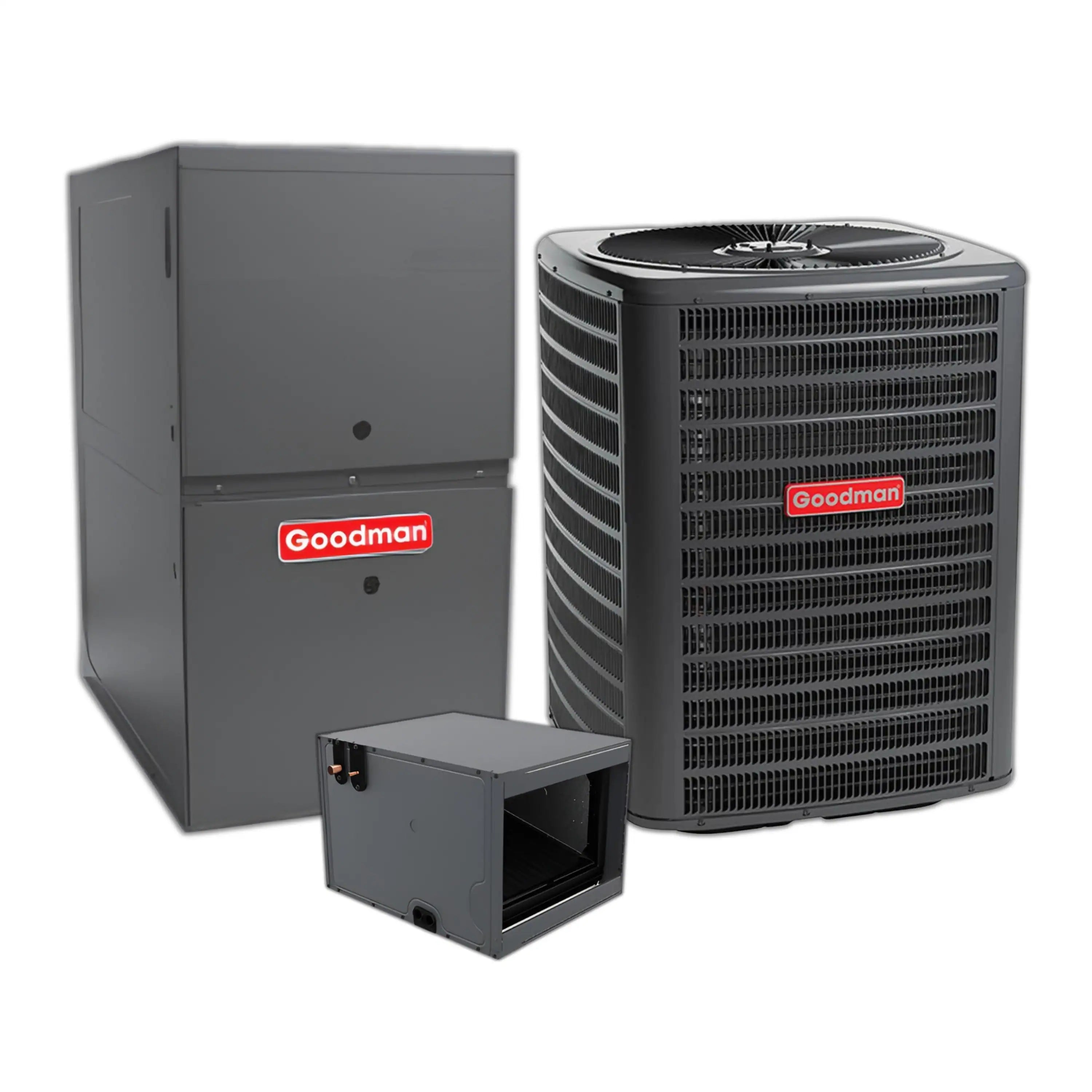 Goodman central AC and furnace system, gray outdoor compressor unit