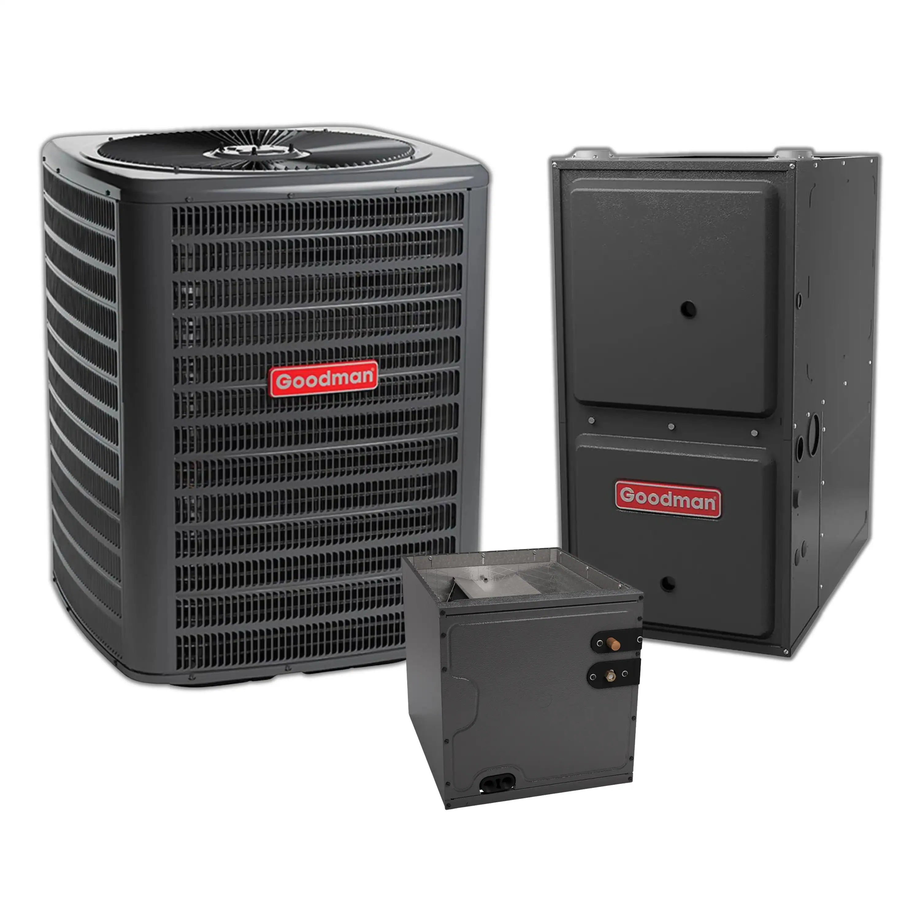 Goodman central air conditioner with condenser and furnace cabinet, dark gray