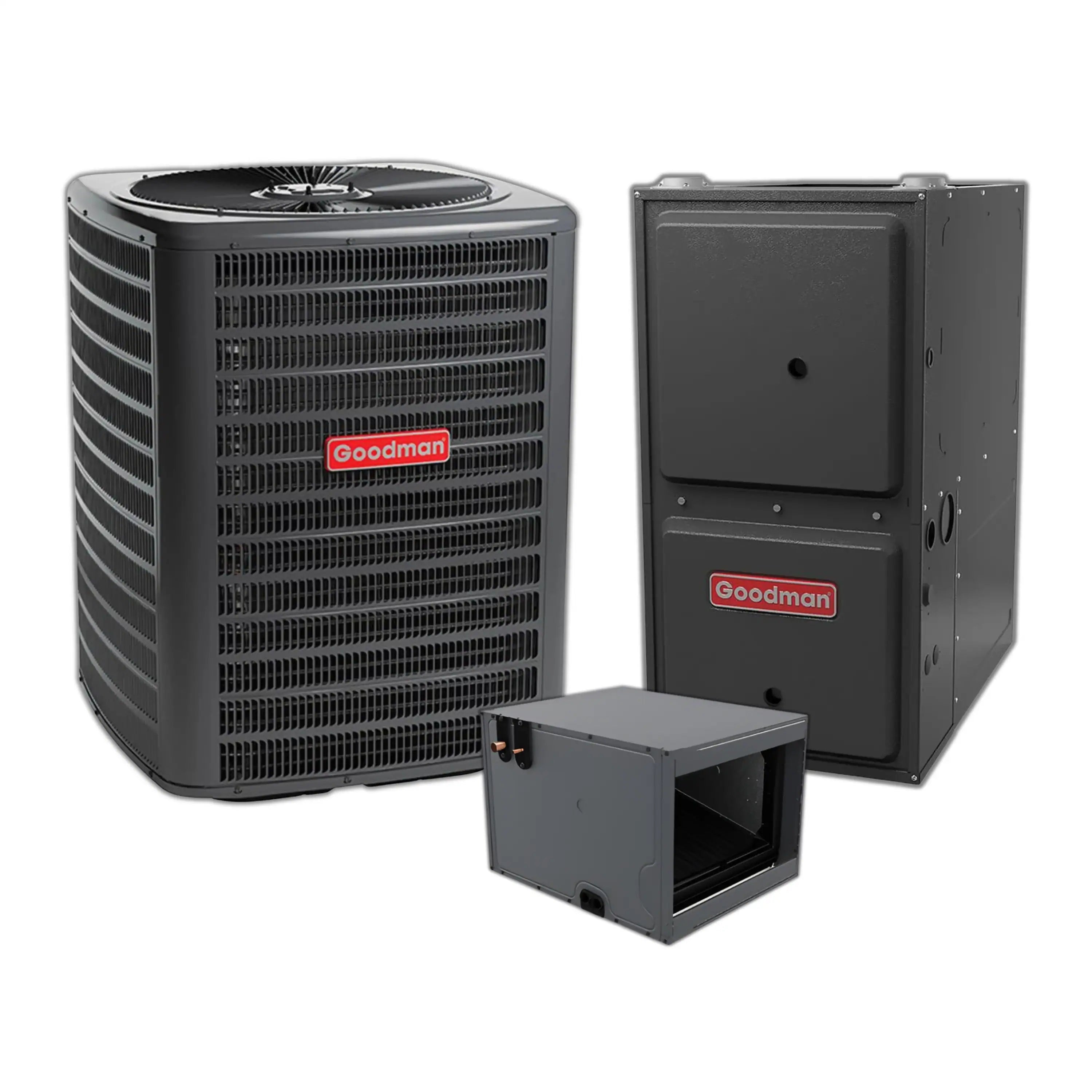 Goodman outdoor heat pump condenser with fan and louvered metal grille, dark gray