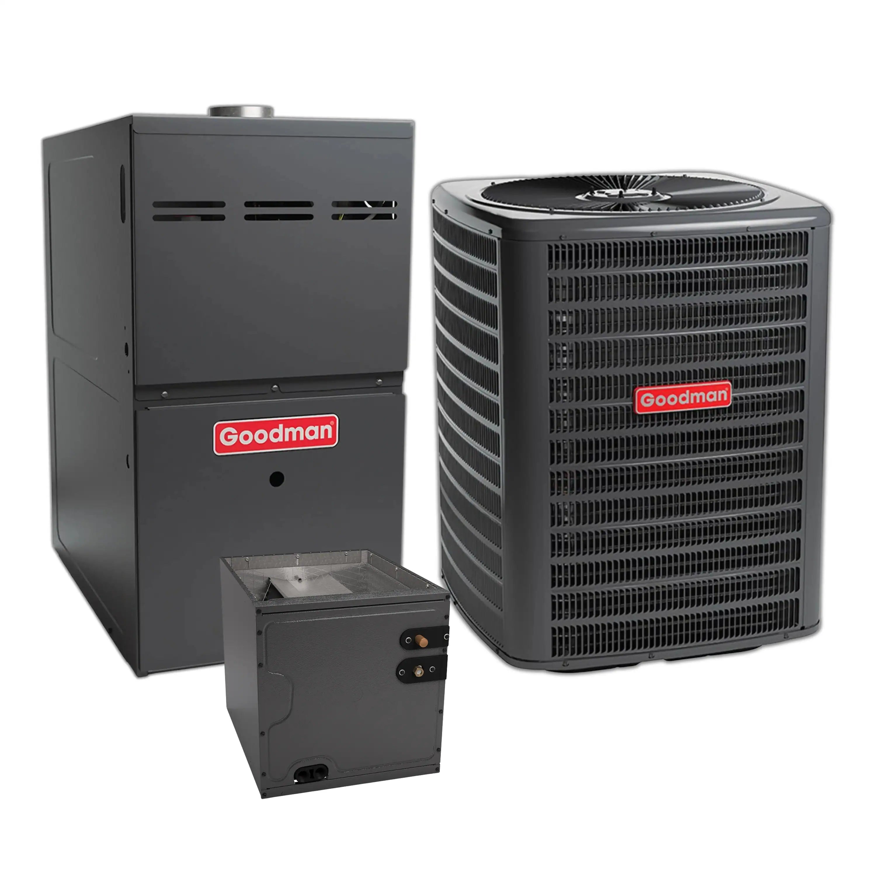 Goodman heating and cooling system with outdoor air conditioner and indoor HVAC units