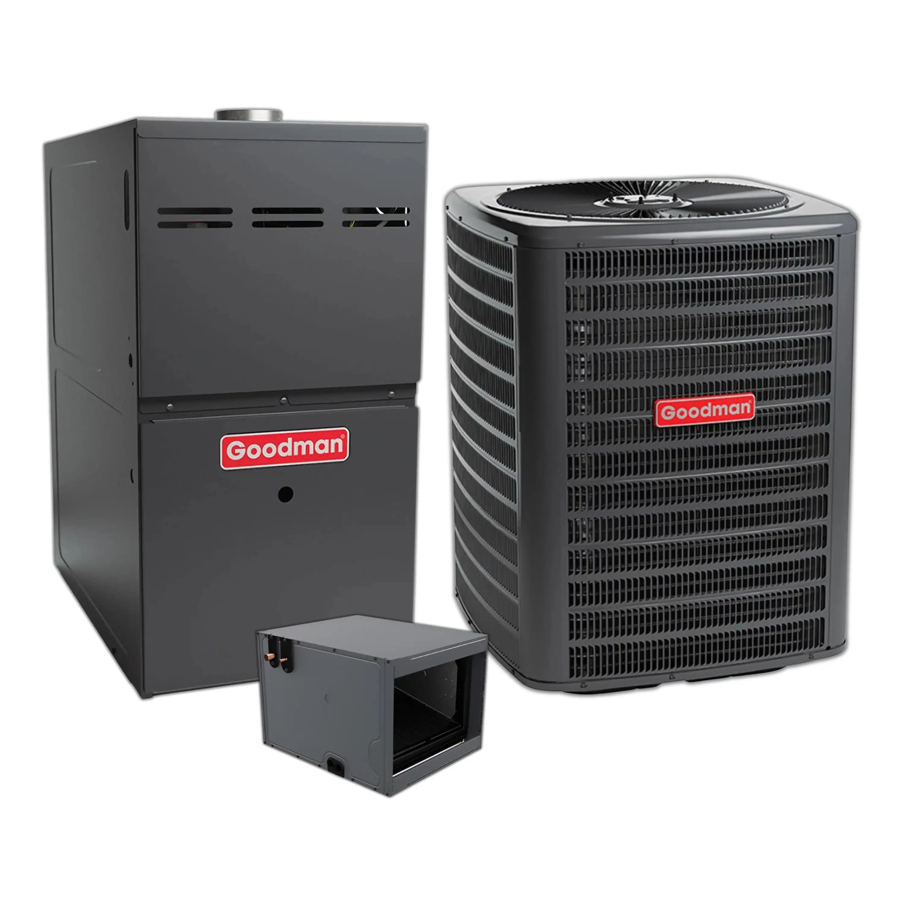 Goodman central air conditioner and gas furnace with evaporator coil and controller box