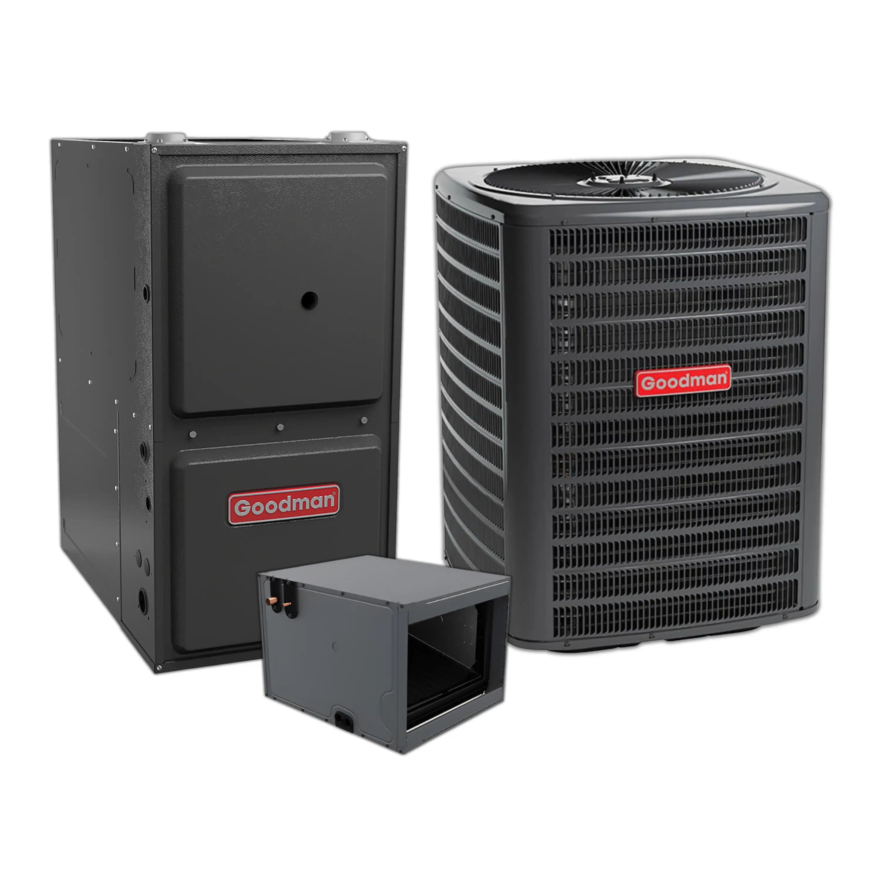 Goodman central air conditioner condenser with gas furnace cabinet and control box