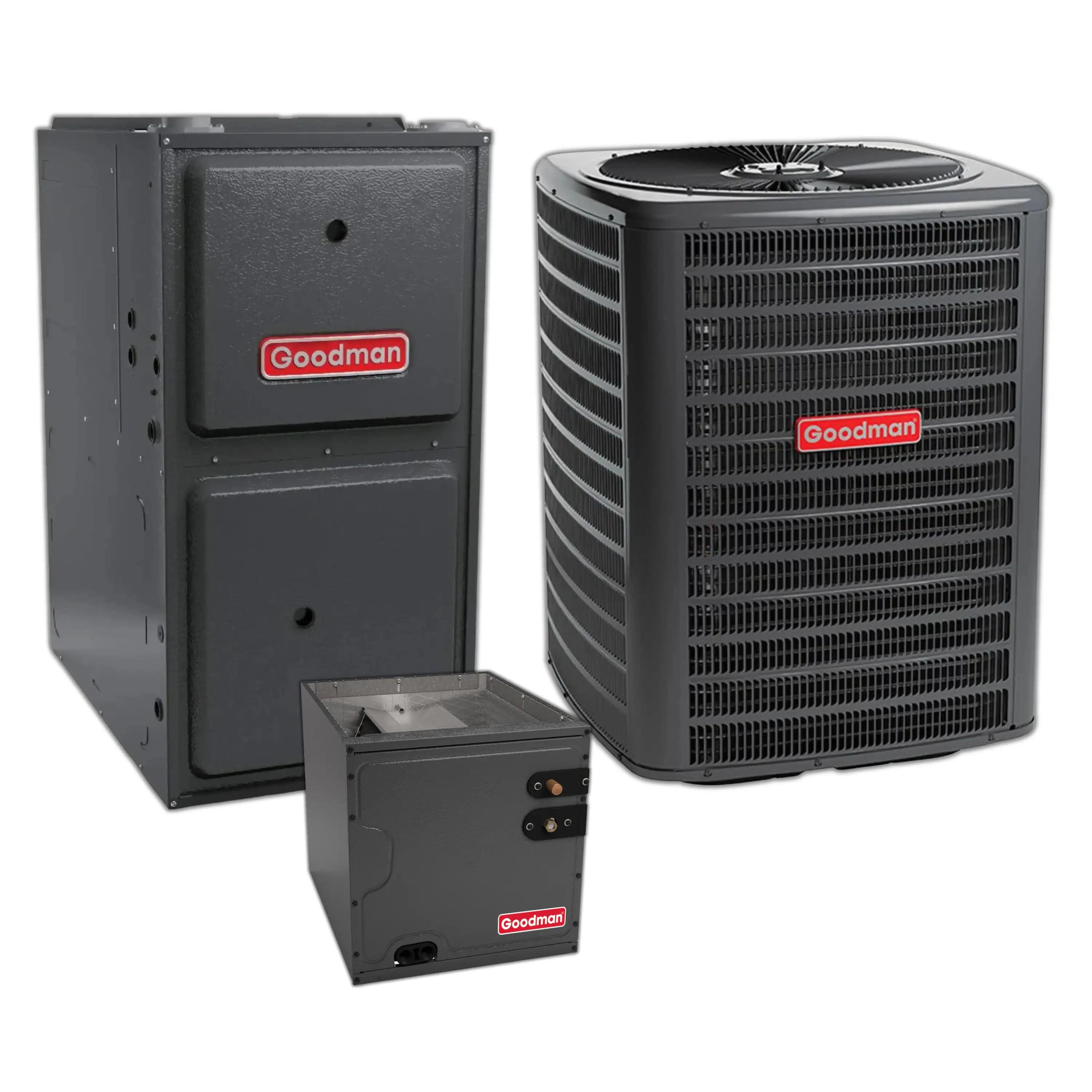 Goodman central air conditioner with furnace and evaporator coil, dark gray housing