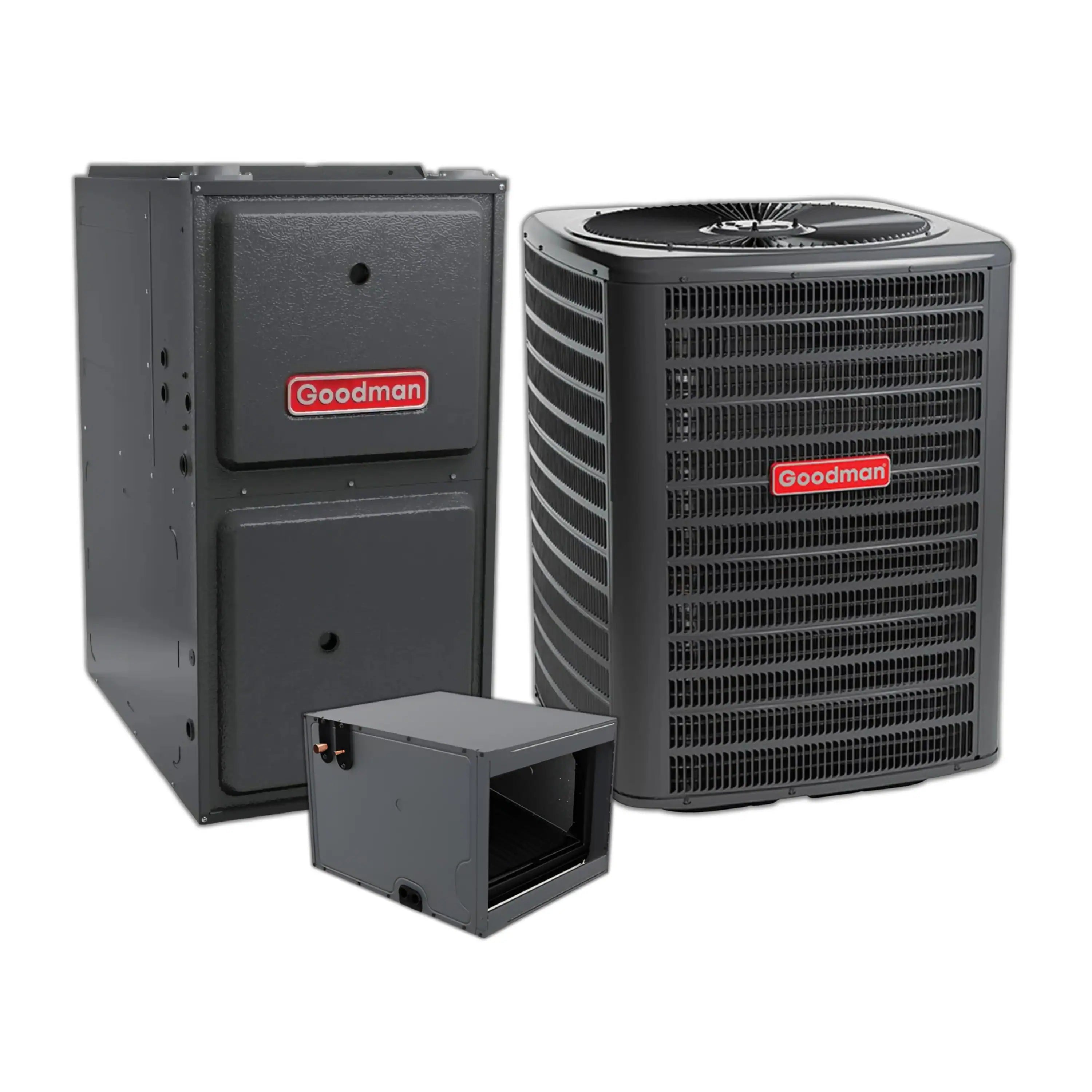 Goodman central air conditioner and gas furnace unit, black metal cabinet
