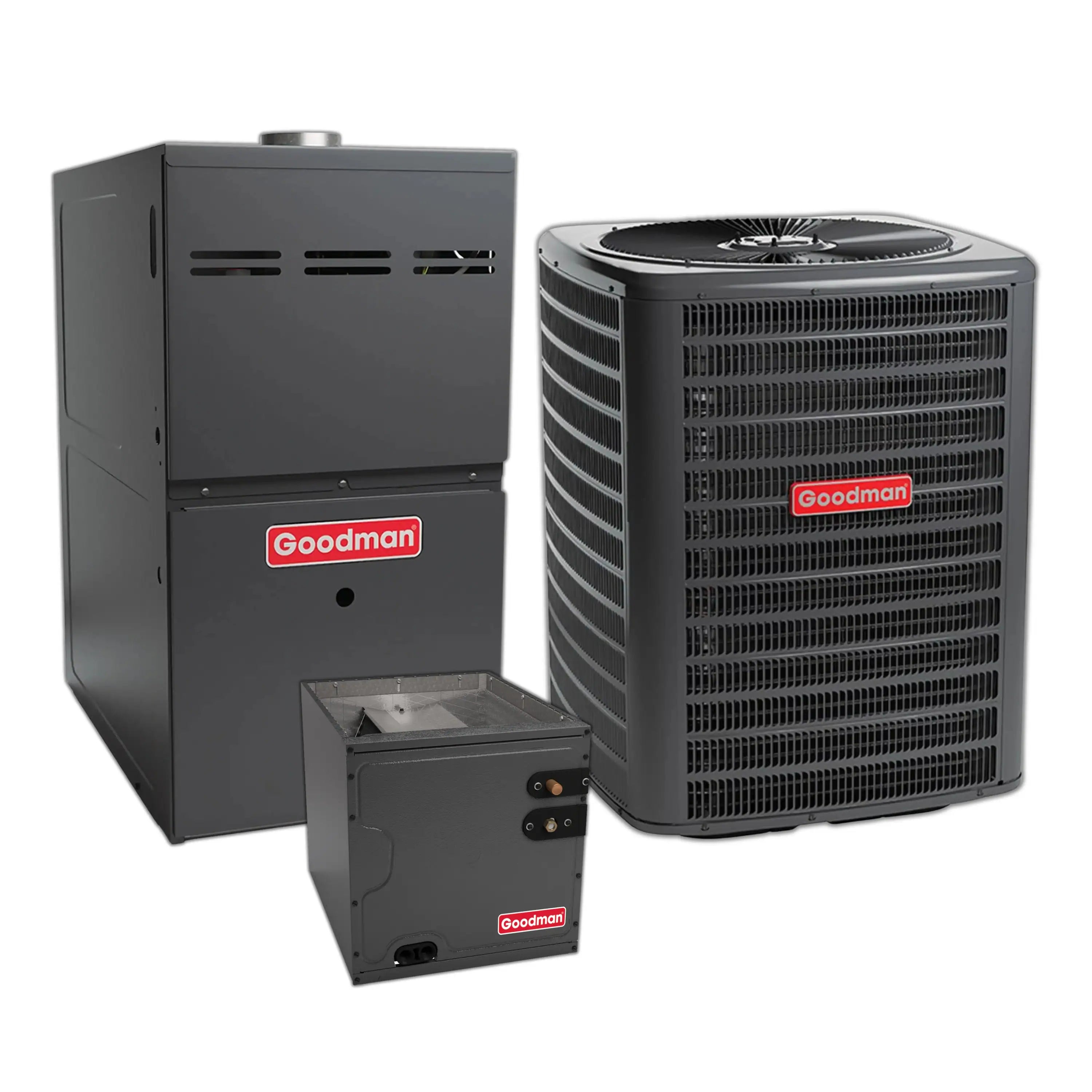 Goodman HVAC system with gray gas furnace cabinet and outdoor AC condenser unit