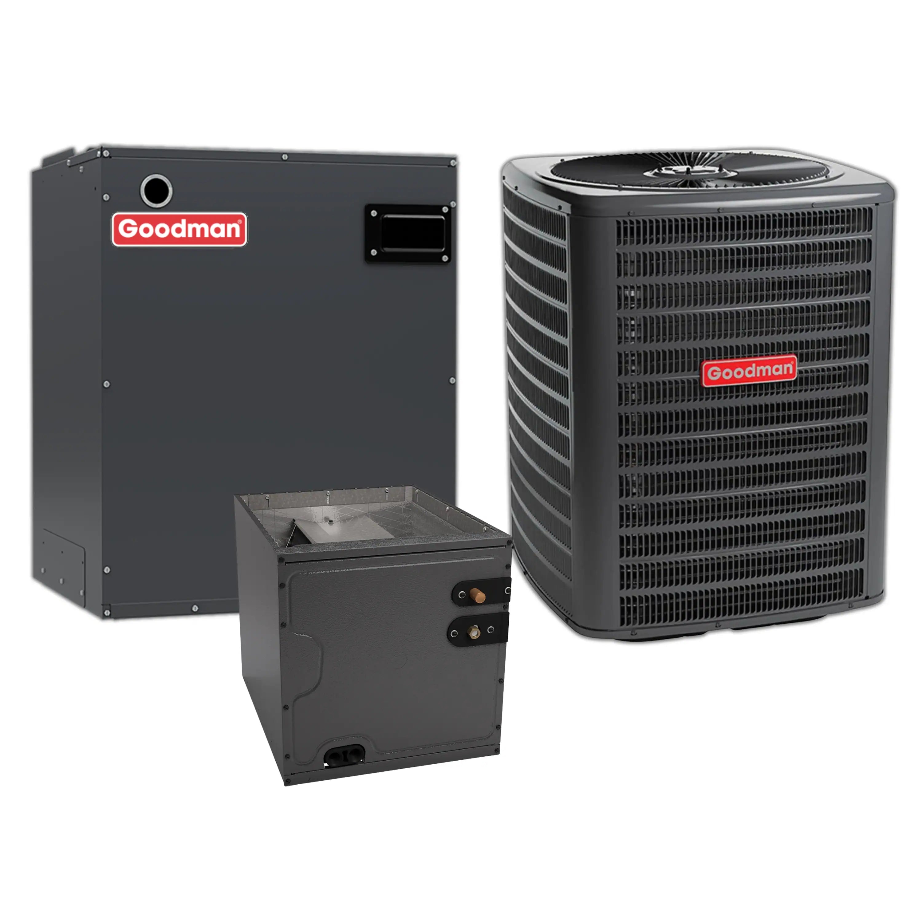 Goodman dark gray outdoor air conditioner condenser with matching air handler