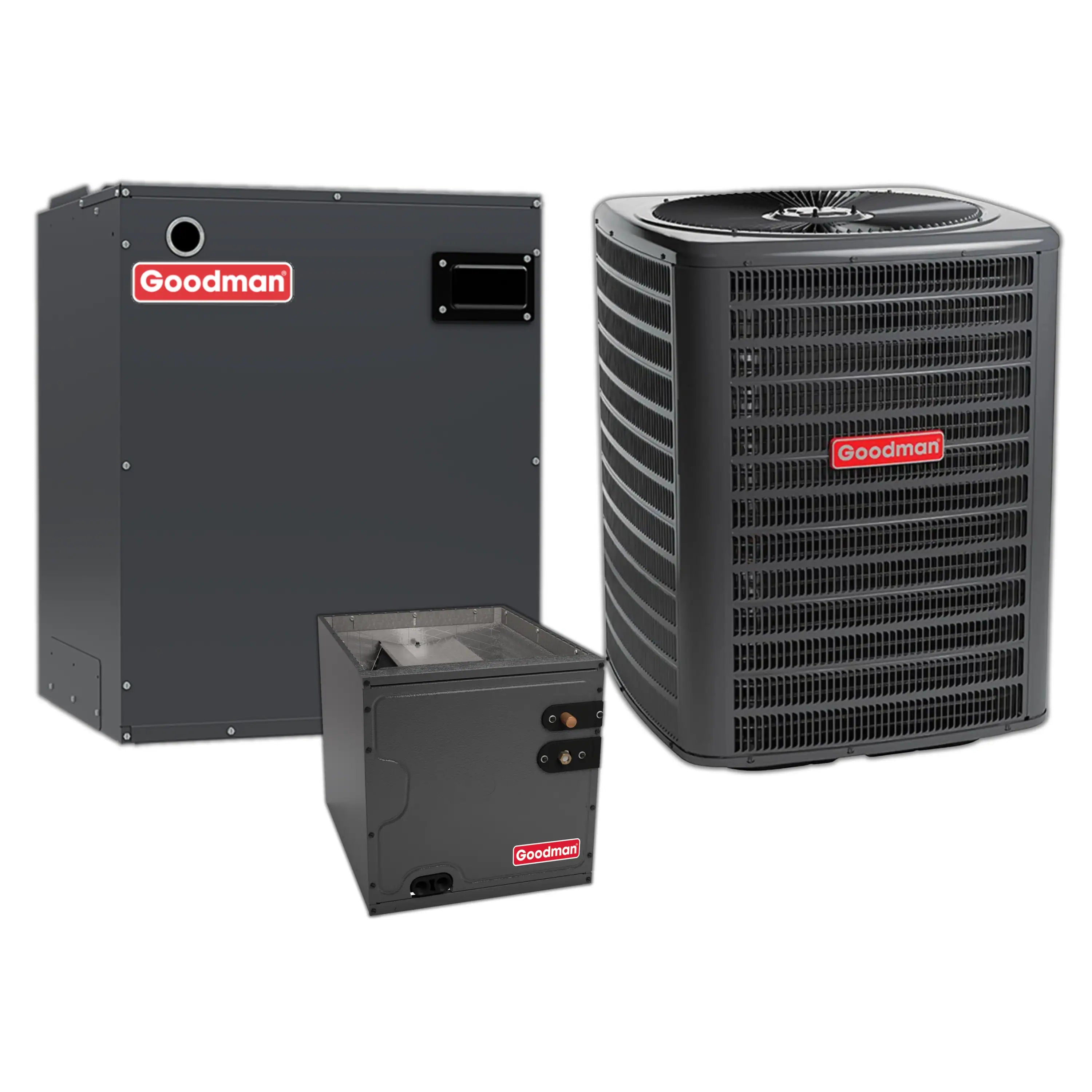 Goodman outdoor heat pump unit with grille plus matching air handler and coil box