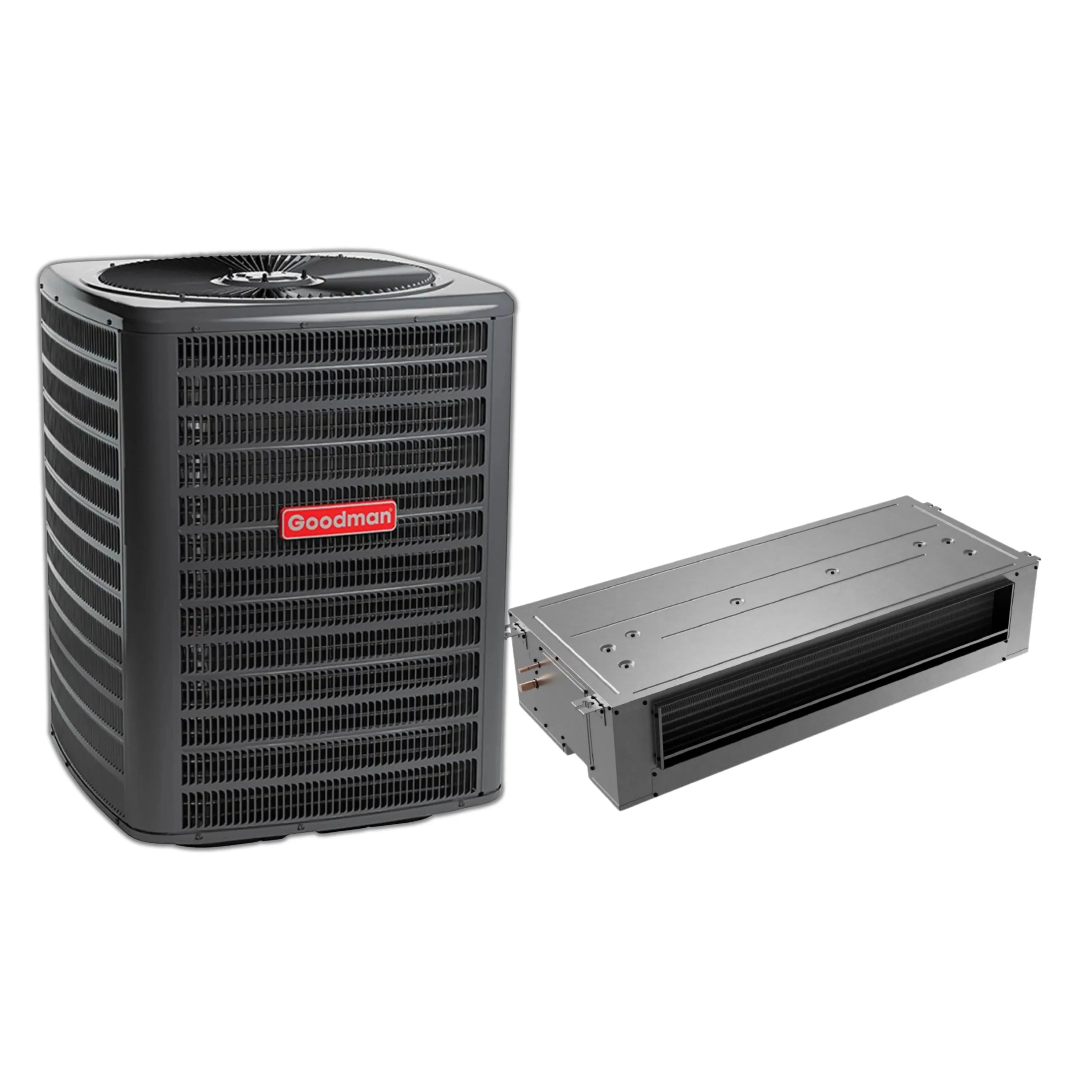 Goodman heat pump condenser with outdoor fan and grille, plus gray air handler unit