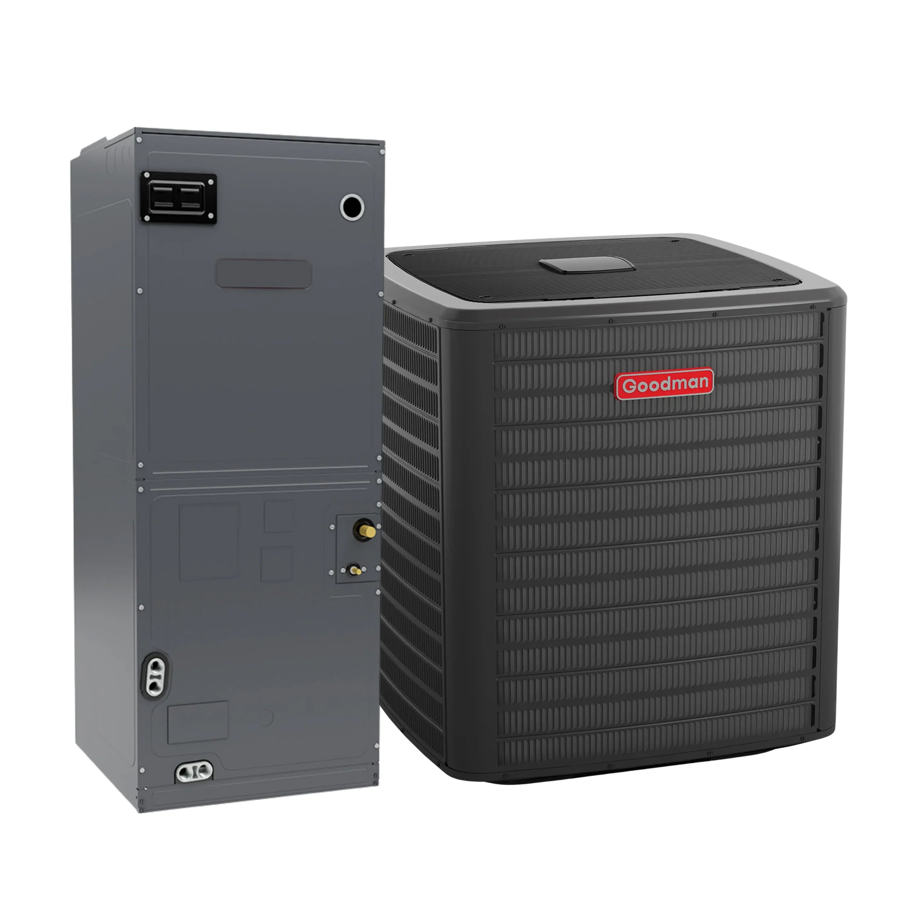Goodman heat pump condenser and variable-speed air handler unit, dark gray