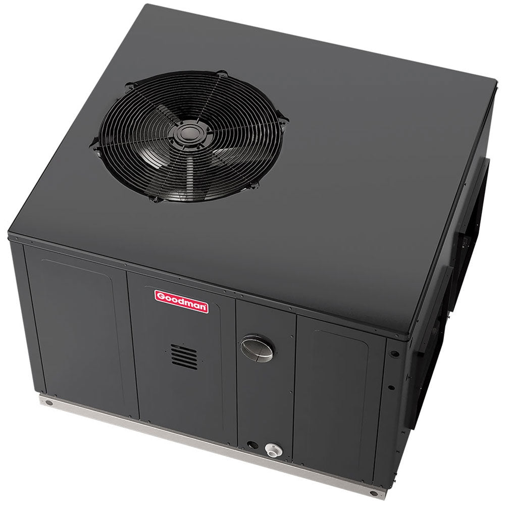 Goodman packaged HVAC unit with top fan, side door opening, dark gray