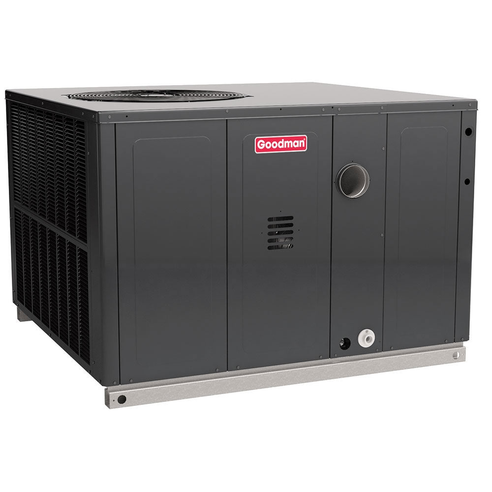 Packaged HVAC outdoor unit with side louvers and Goodman logo, gray metal cabinet