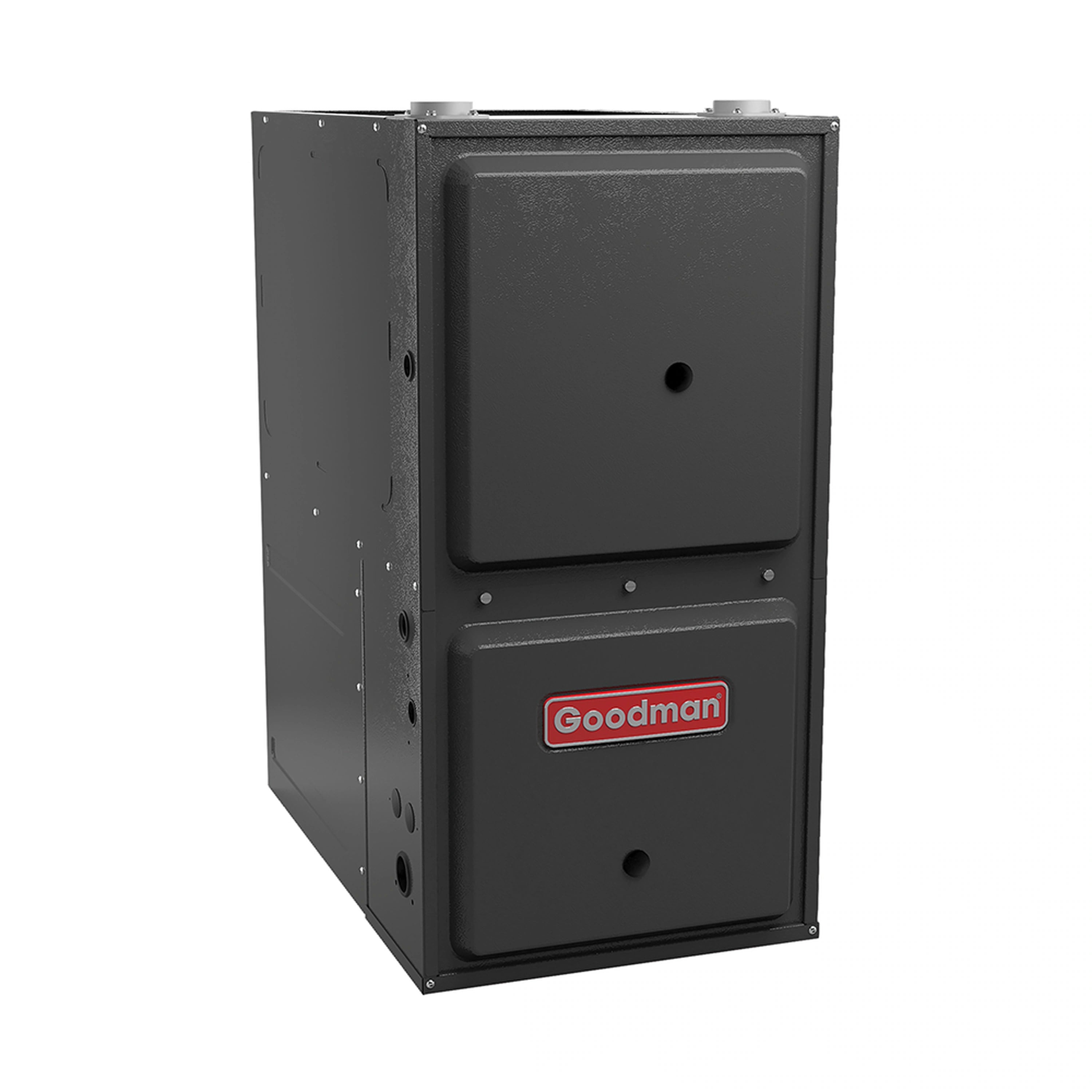 Goodman gas furnace with front and lower control access doors, black metal cabinet