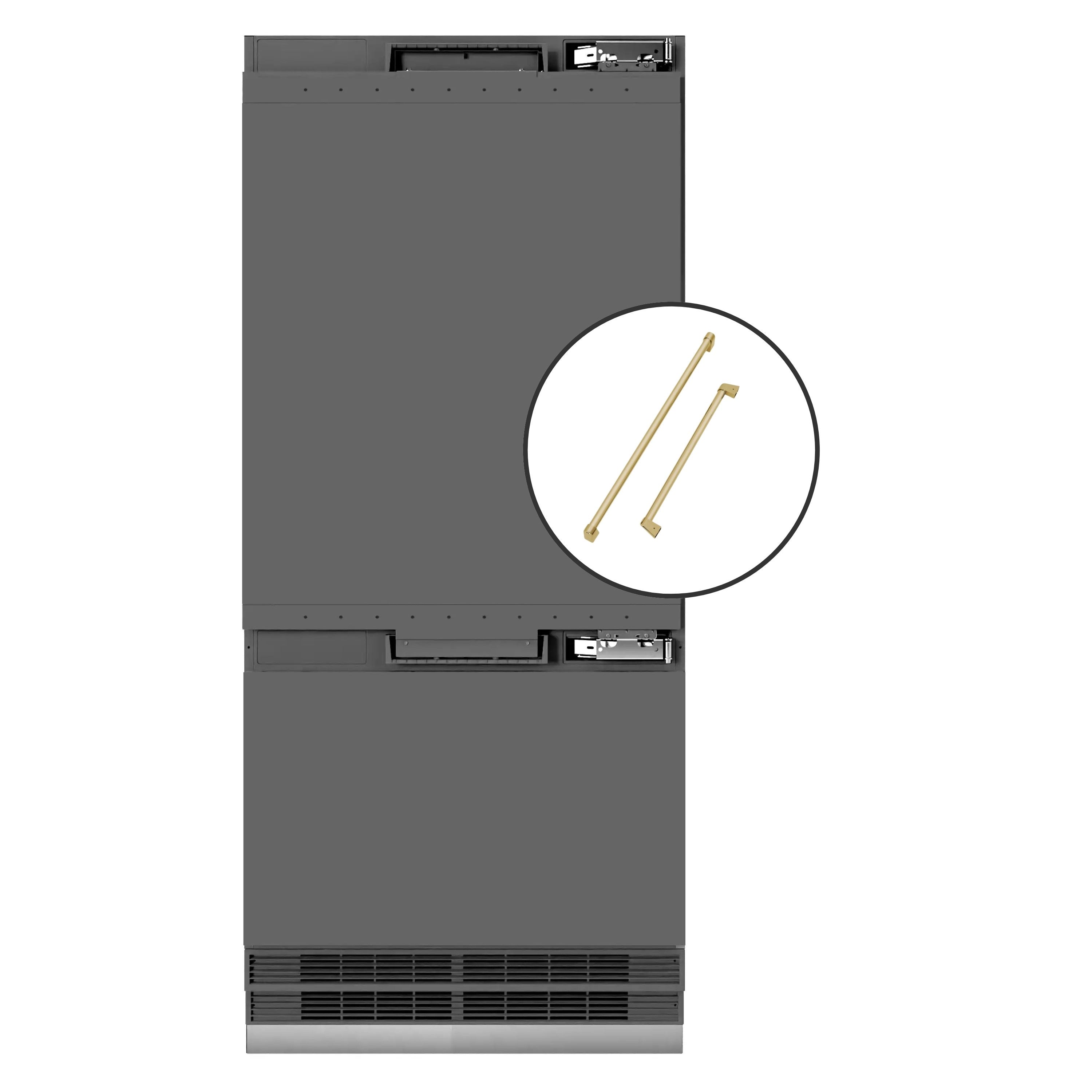 Built-in bottom-freezer refrigerator in graphite gray with included gold pull handles