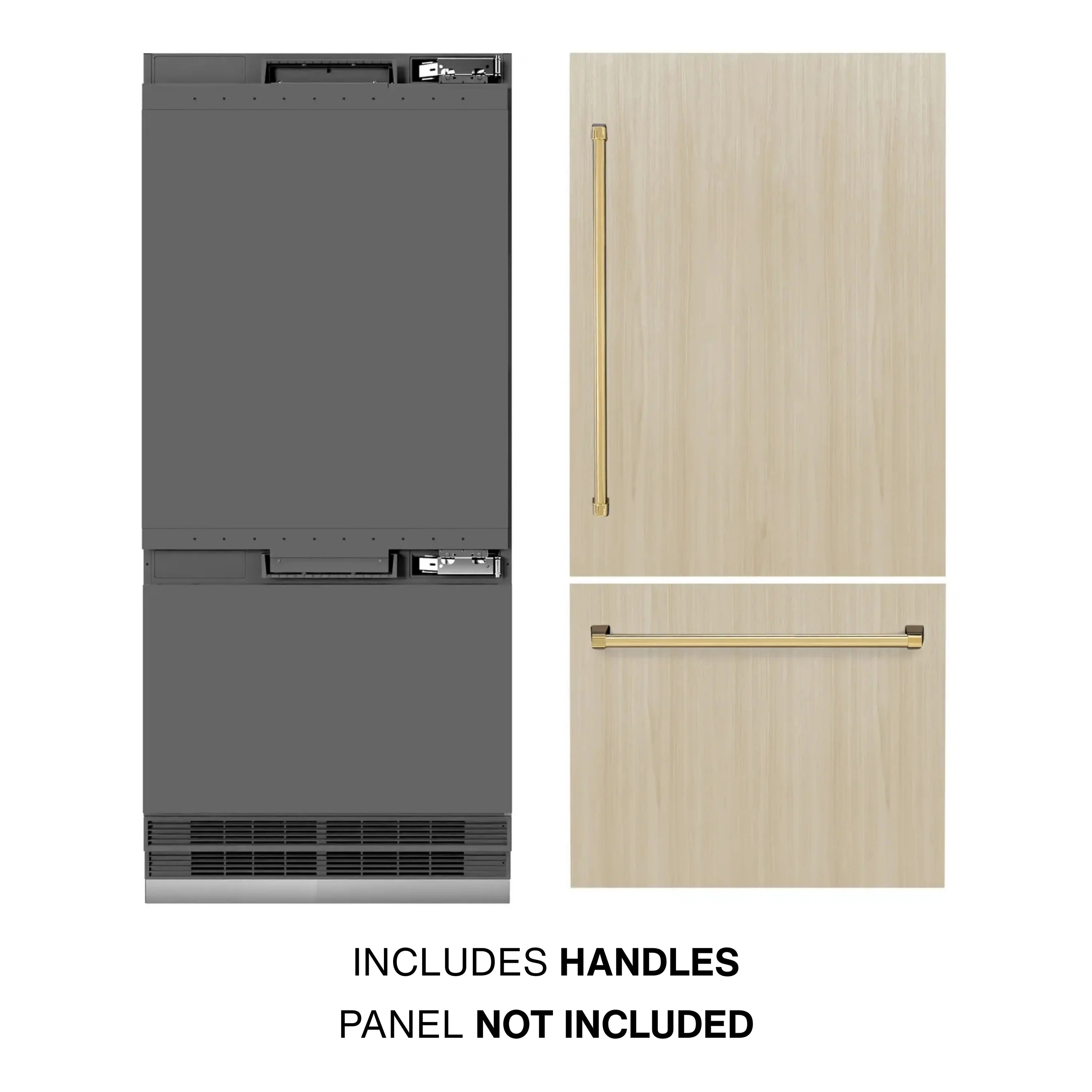Panel-ready built-in refrigerator with wood door panels and included gold handles