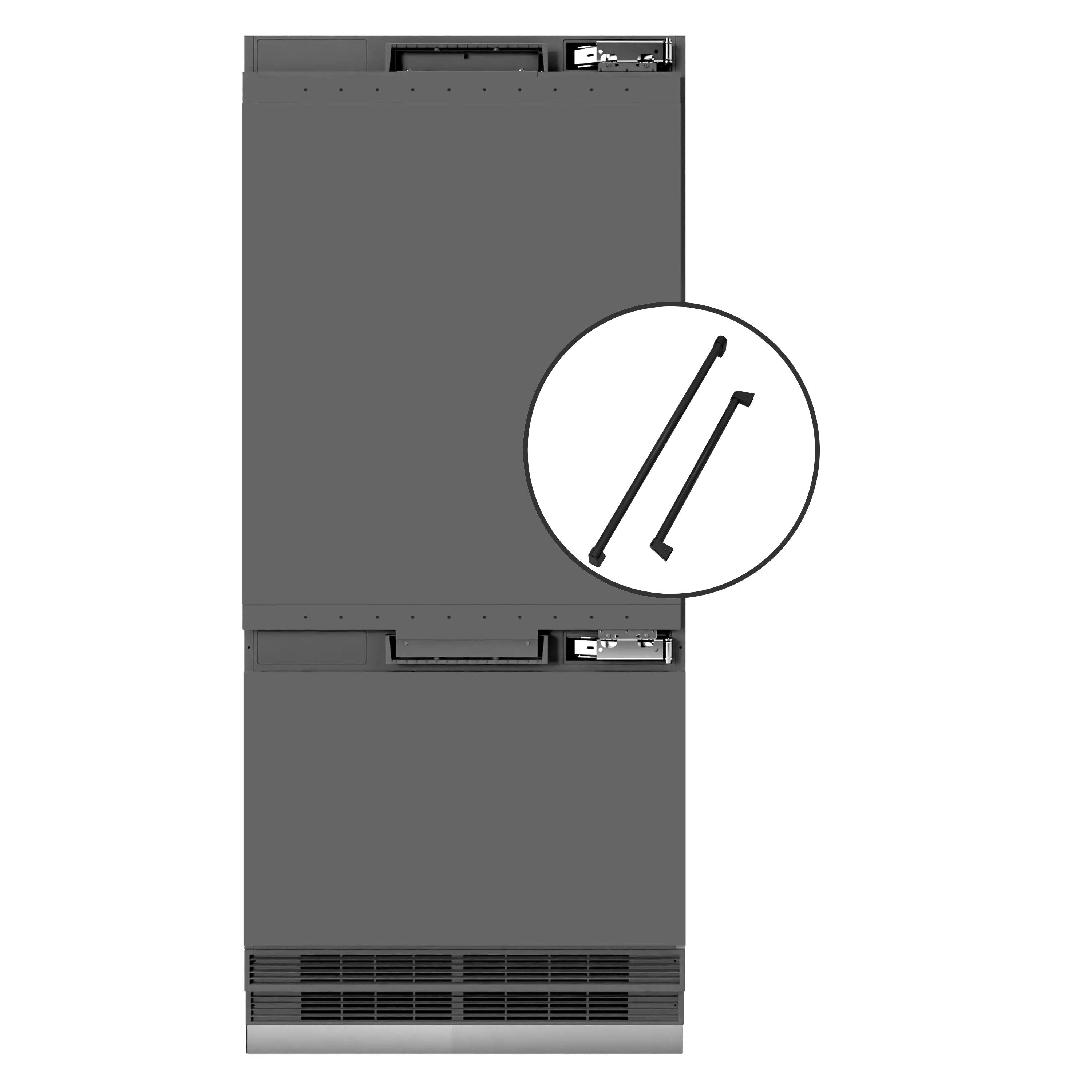 Panel-ready bottom freezer refrigerator, gray door panels with open installation hardware